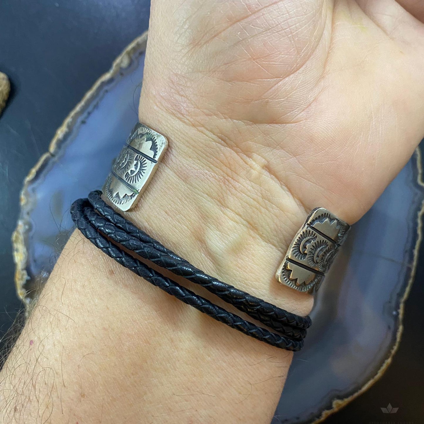 Rick Enriquez Native American Sterling Silver Stamped Flexible Bracelet For Men