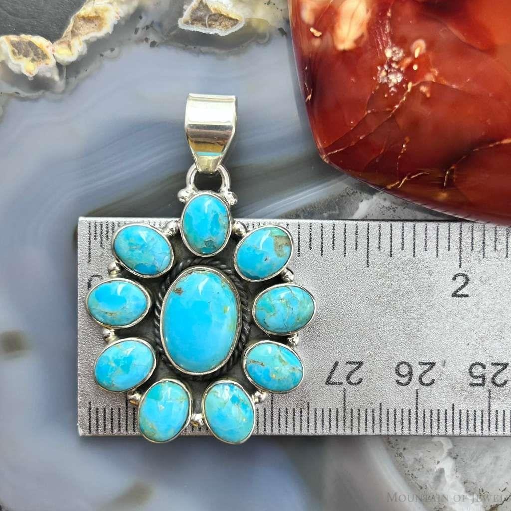 Sterling Silver Southwestern Style Mohave Turquoise Cluster Pendant For Women
