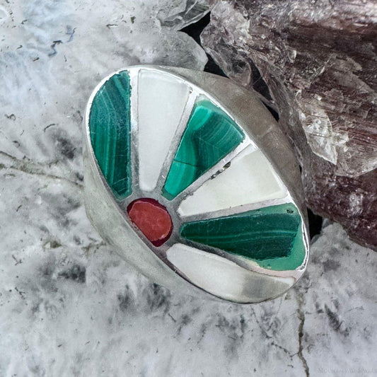 Vintage Silver Native American Malachite & MOP Inlay Ring Size 9.5 For Women