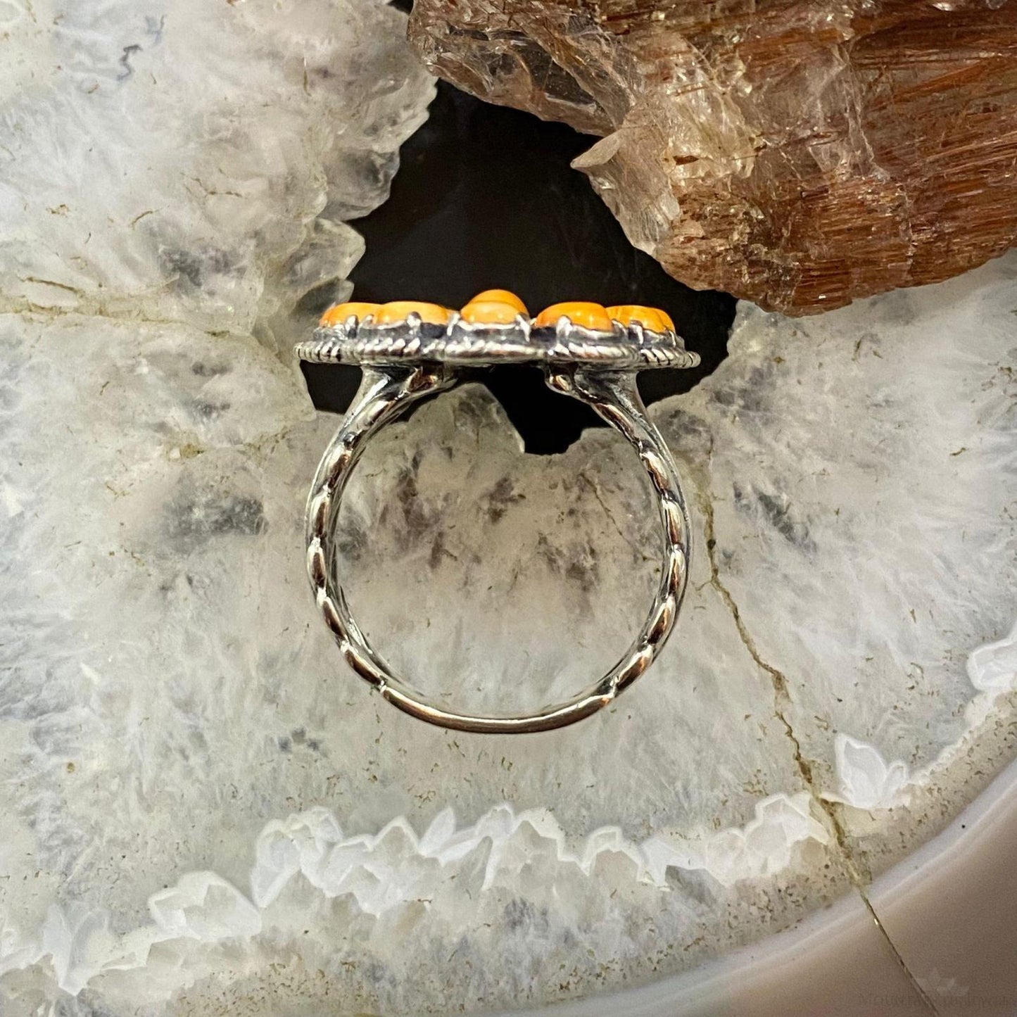 Carolyn Pollack Southwestern Style Sterling Silver Orange Spiny Oyster Decorated Cluster Ring For Women