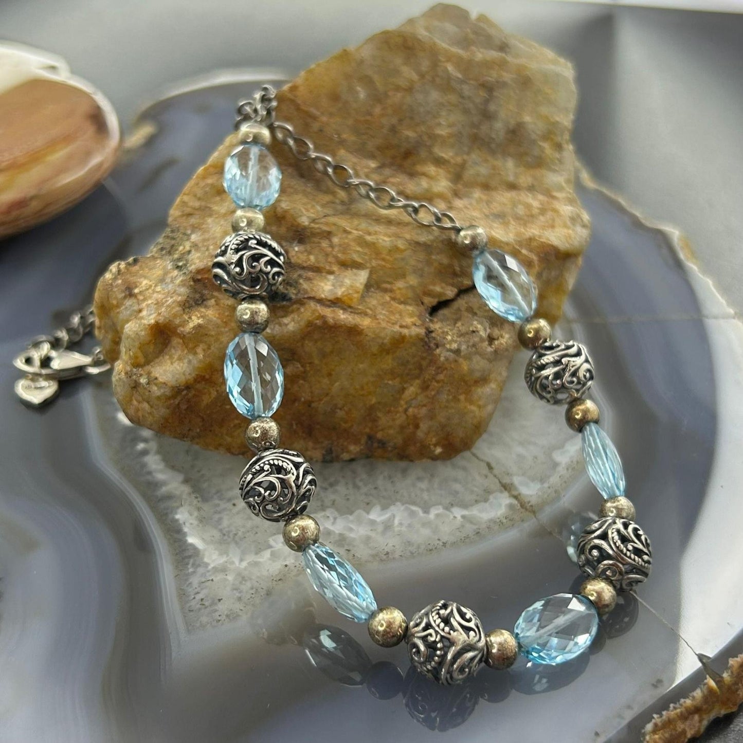 Carolyn Pollack Southwestern Style Sterling Silver Bead and Blue Topaz Necklace For Women