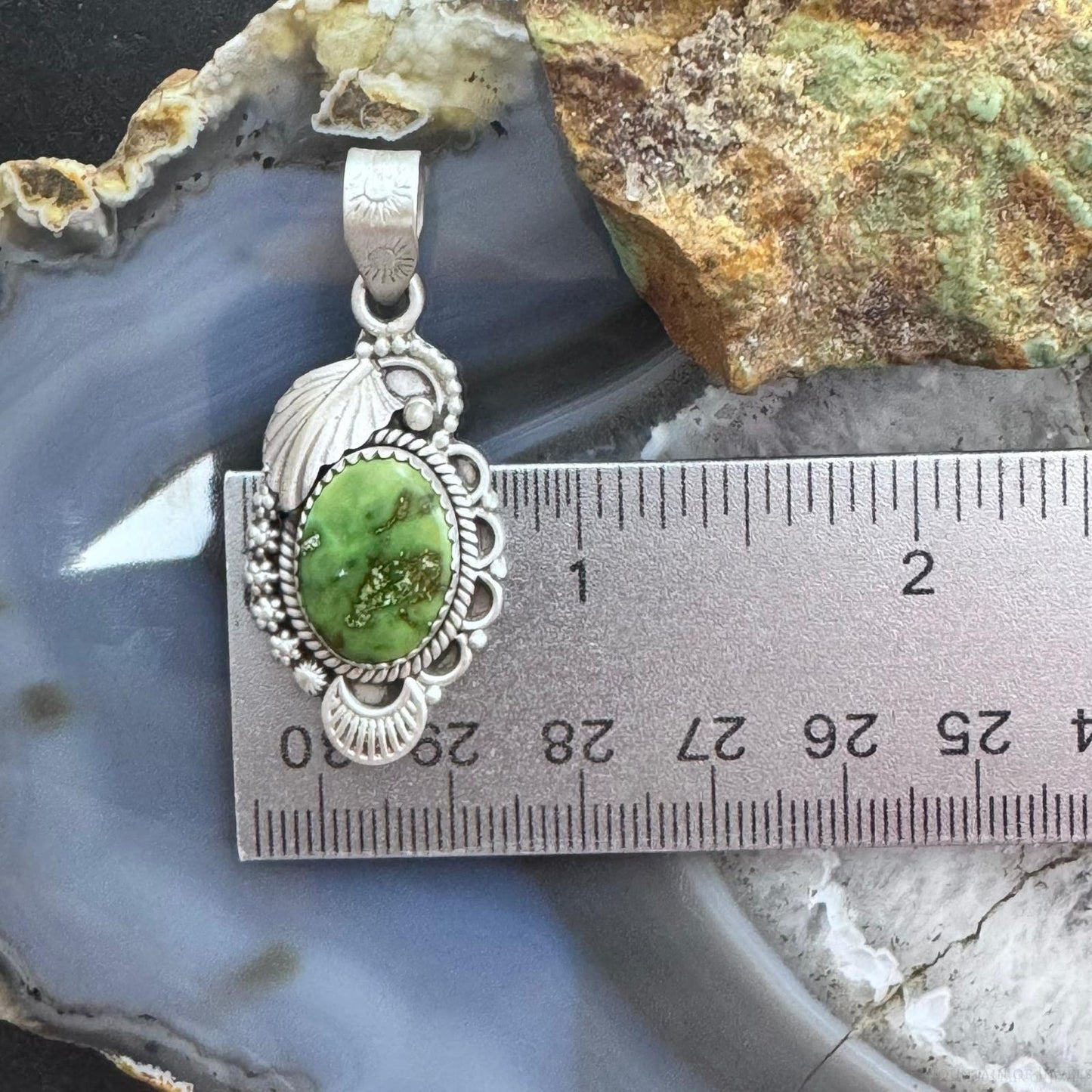 Sterling Silver Southwestern Style Oval Green Sonora Gold Turquoise Pendant For Women