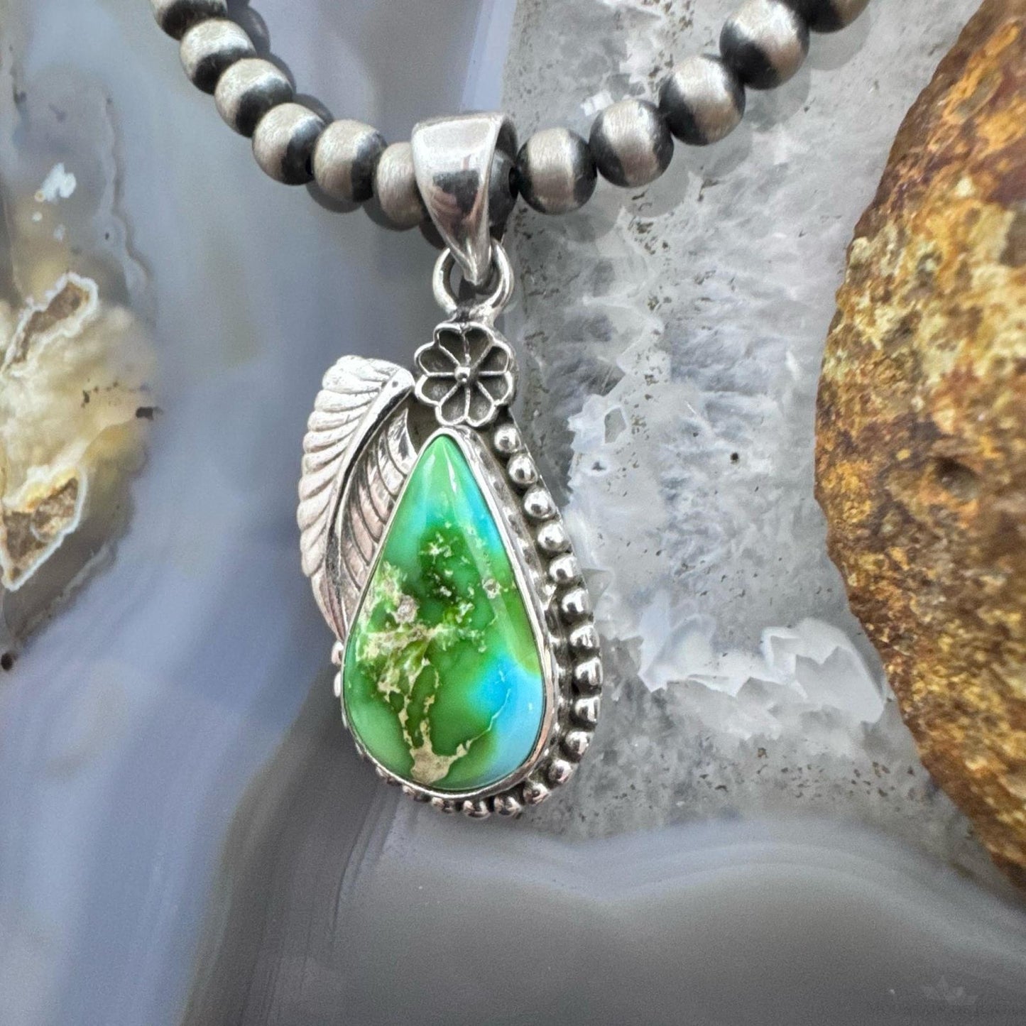 Sterling Silver Southwestern Style Sonora Gold Turquoise Leaf Decorated Pendant For Women