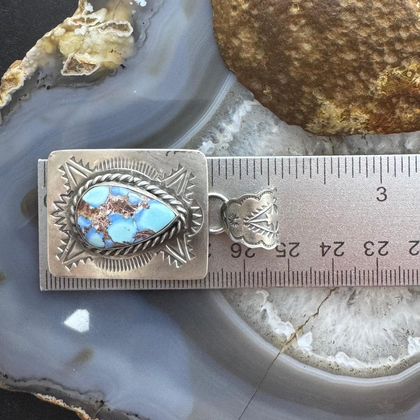 Native American Sterling Silver Teardrop Golden Hill Turquoise Decorated Pendant