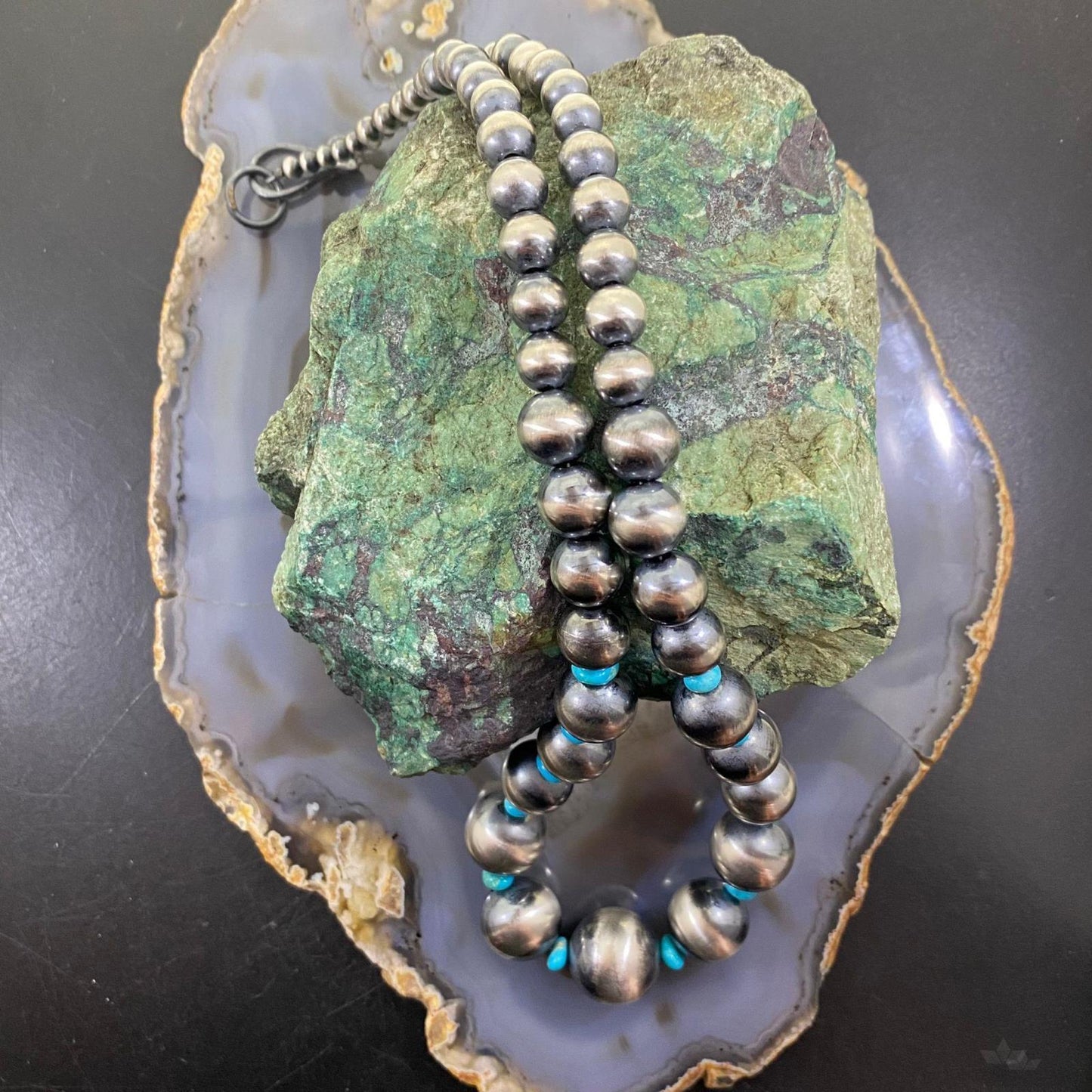 Navajo Pearl Beads Graduated 4-16mm w/Turquoise Disk Beads Sterling 18" Necklace