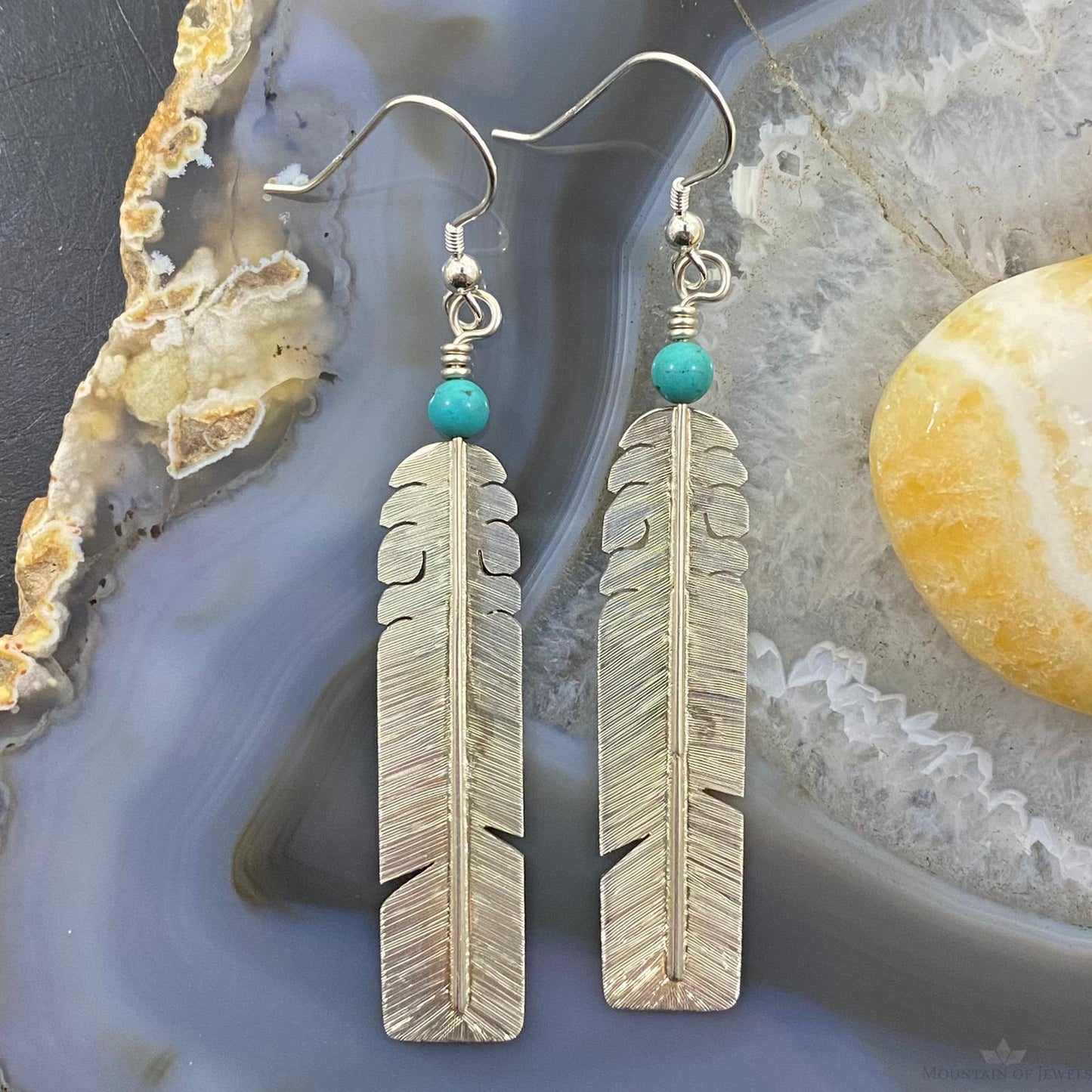 David Kuticka Native American Sterling Silver Feather w/Turq Dangle Earrings #1
