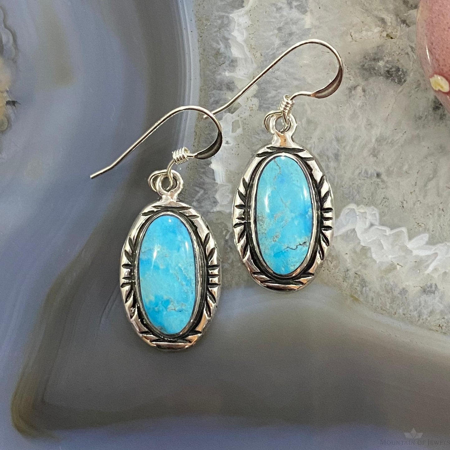 Native American Sterling Oval Blue Ridge Turquoise Dangle Earrings For Women