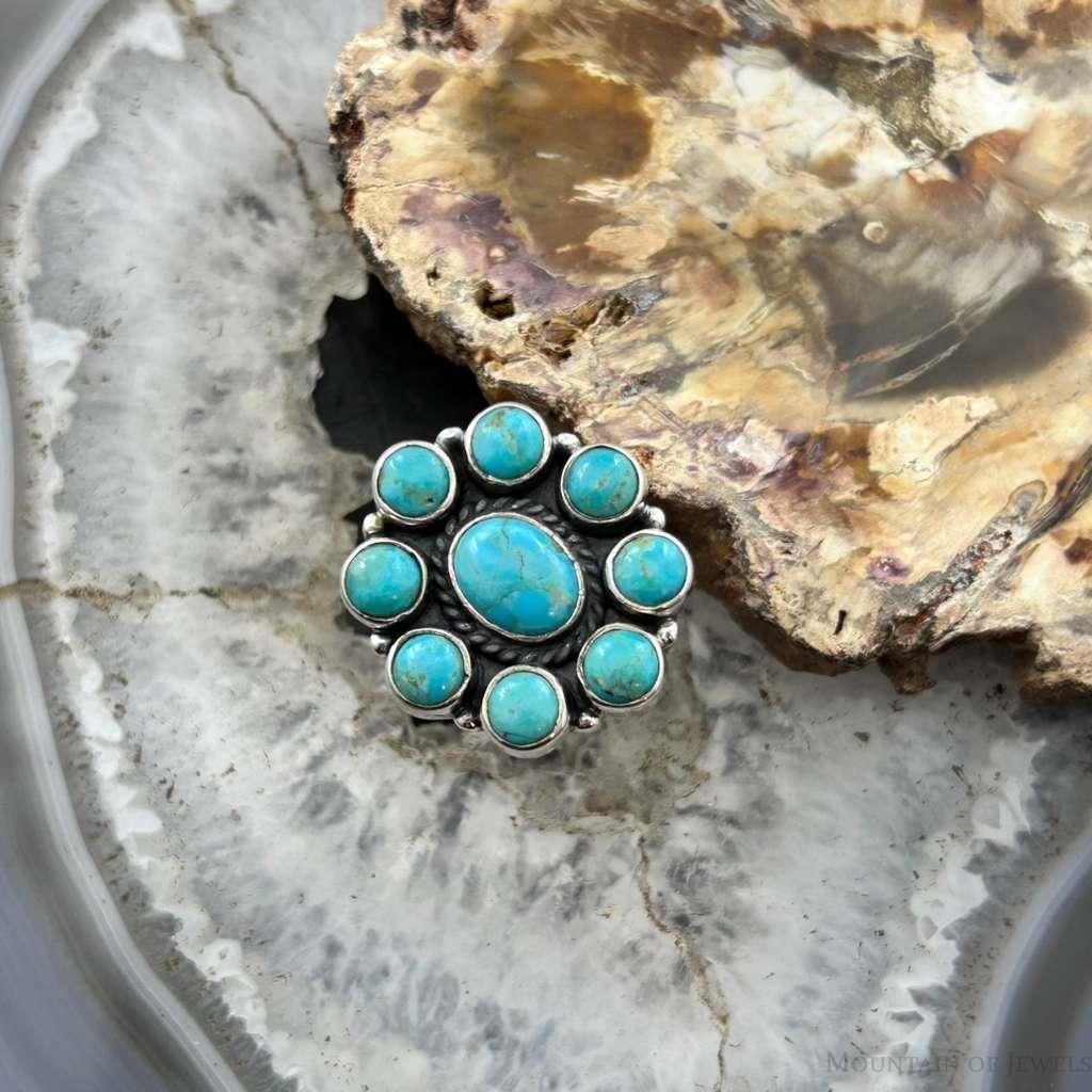 Sterling Silver Southwestern Style Mohave Turquoise Cluster Ring Size 7.5 For Women