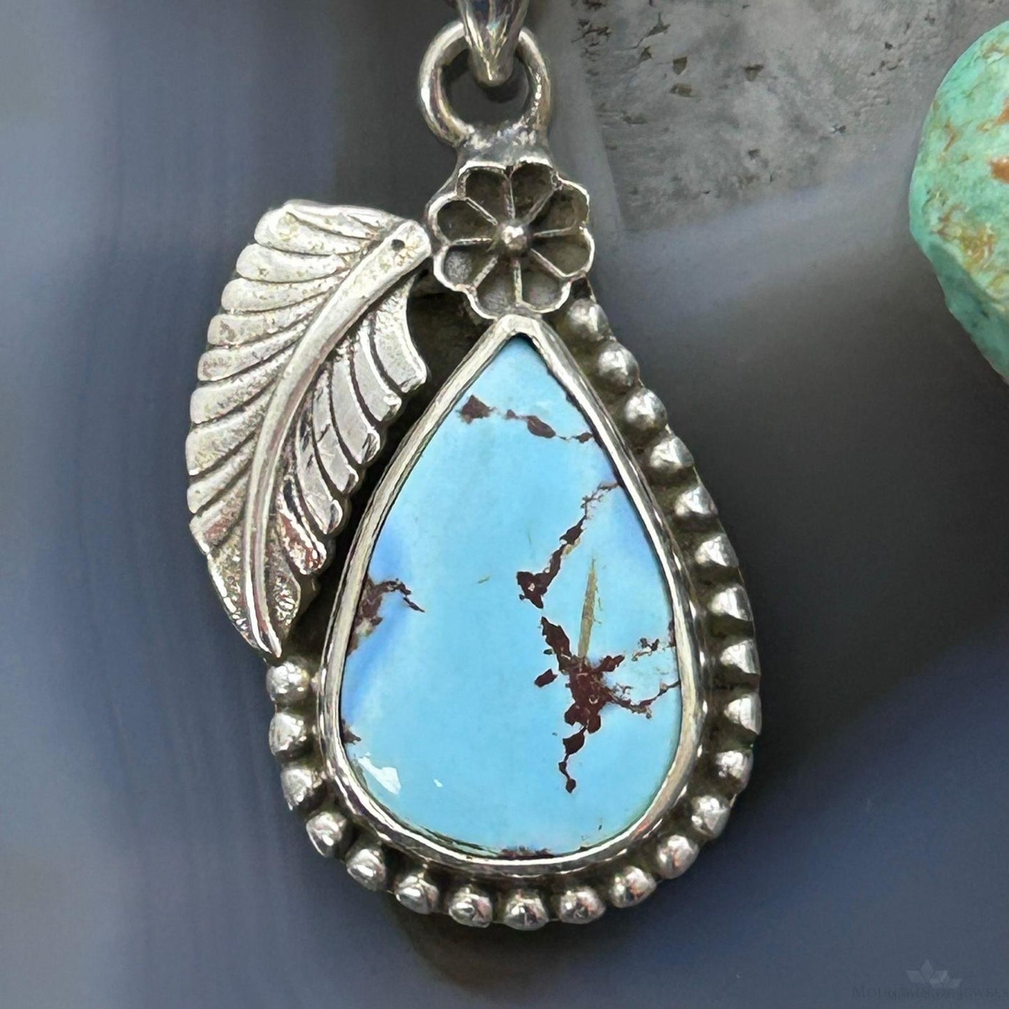 Sterling Silver Southwestern Style Teardrop Golden Hill Turquoise Leaves Pendant For Women #2
