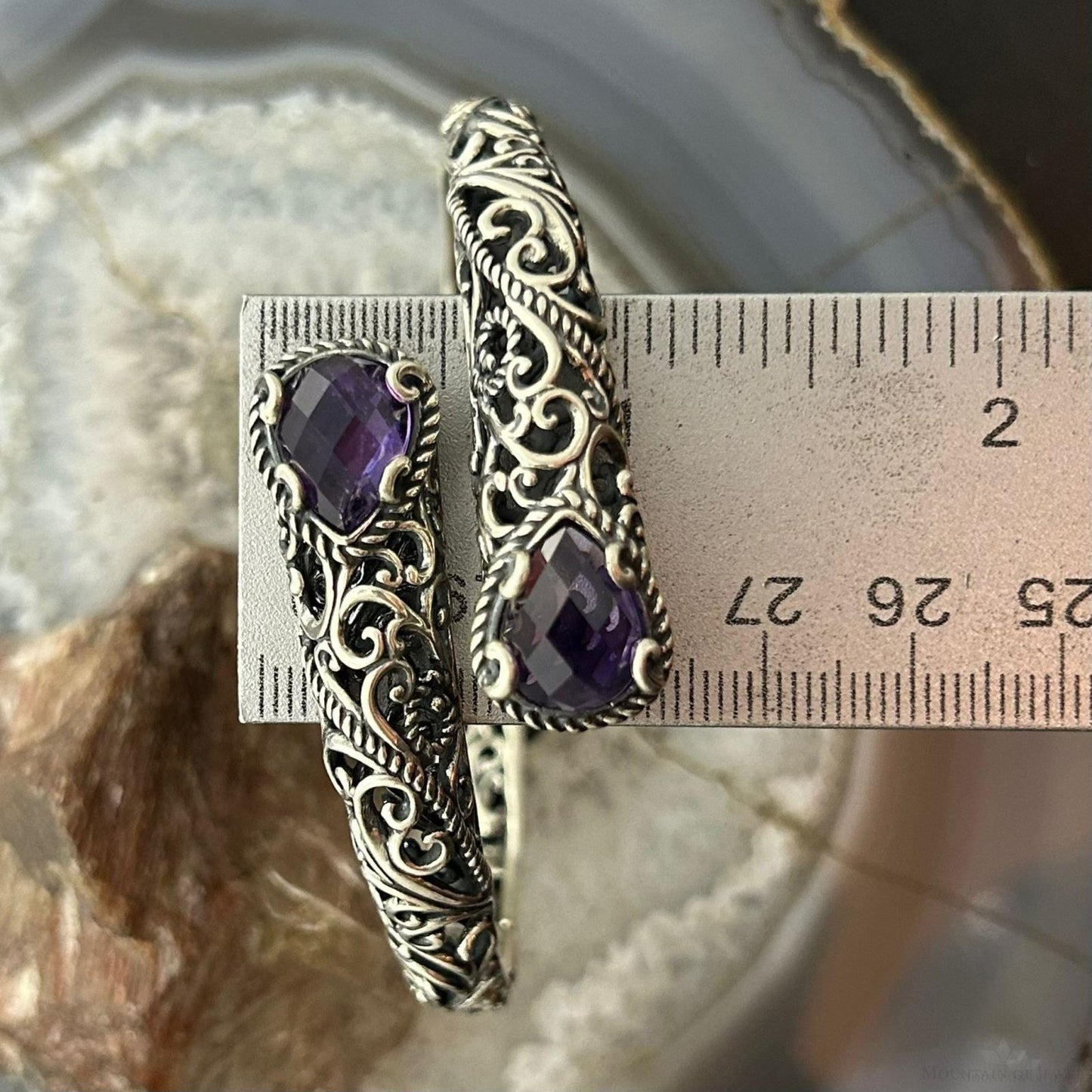 Carolyn Pollack Sterling Silver Faceted Amethyst Overlapping Decorated Hinged Bracelet