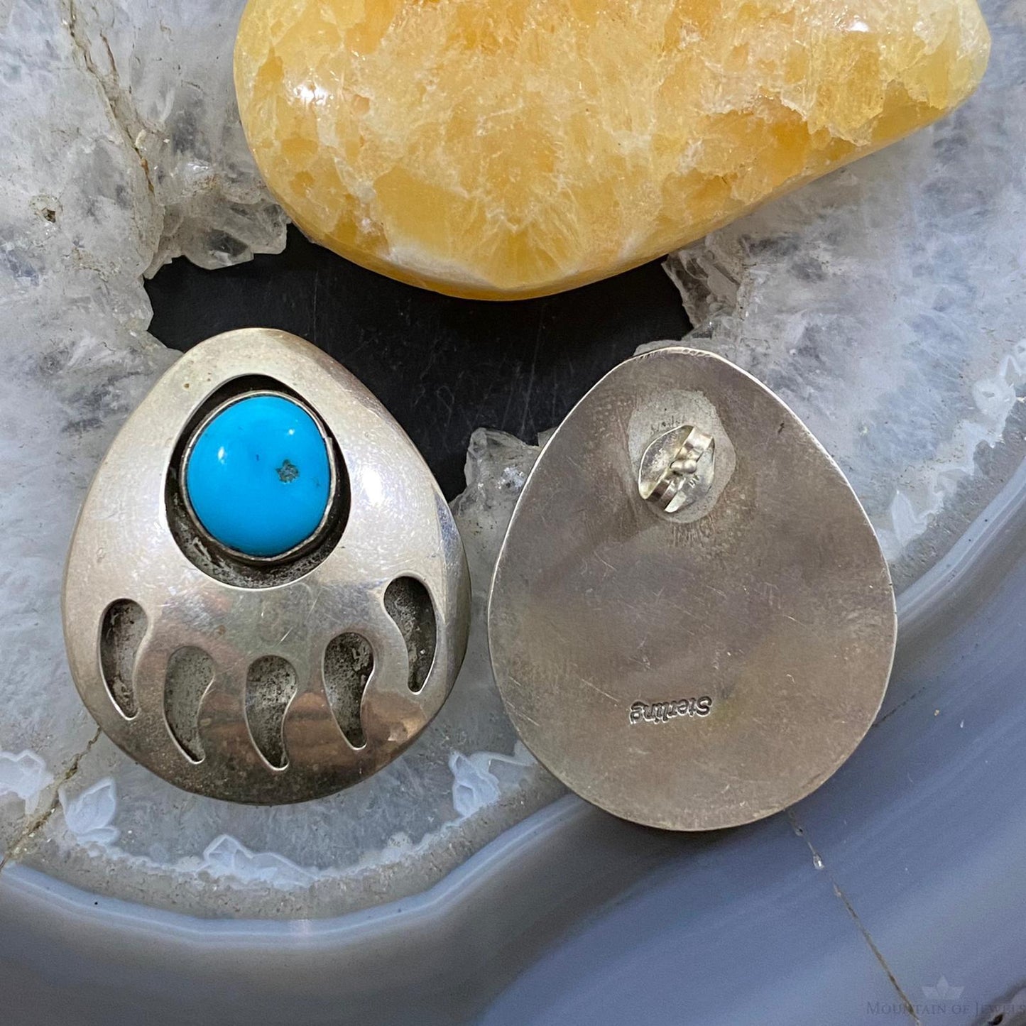Vintage Native American Sterling Turquoise Shadow Box Bear Claw Stud Earrings
