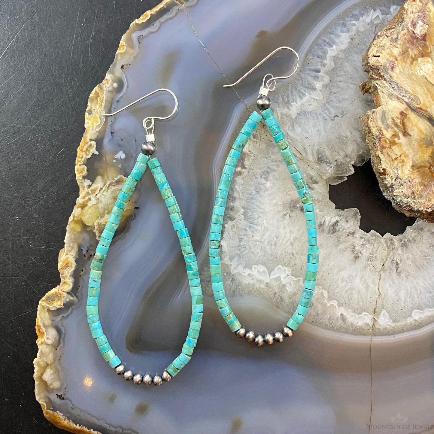Navajo Pearl Beads & Turquoise Beads 3 mm Sterling Dangle Earrings For Women