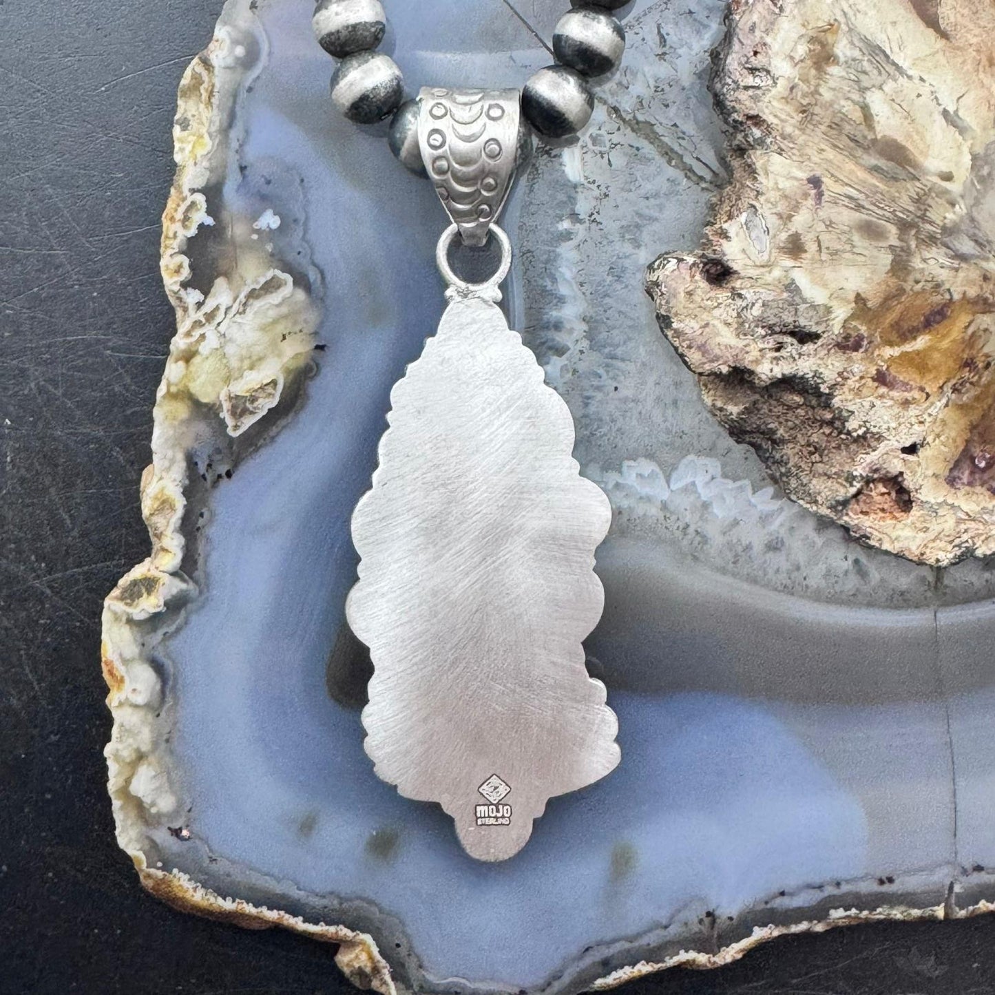 Sterling Silver Southwestern Style Elongated Marquise Dendritic Agate Decorated Pendant For Women