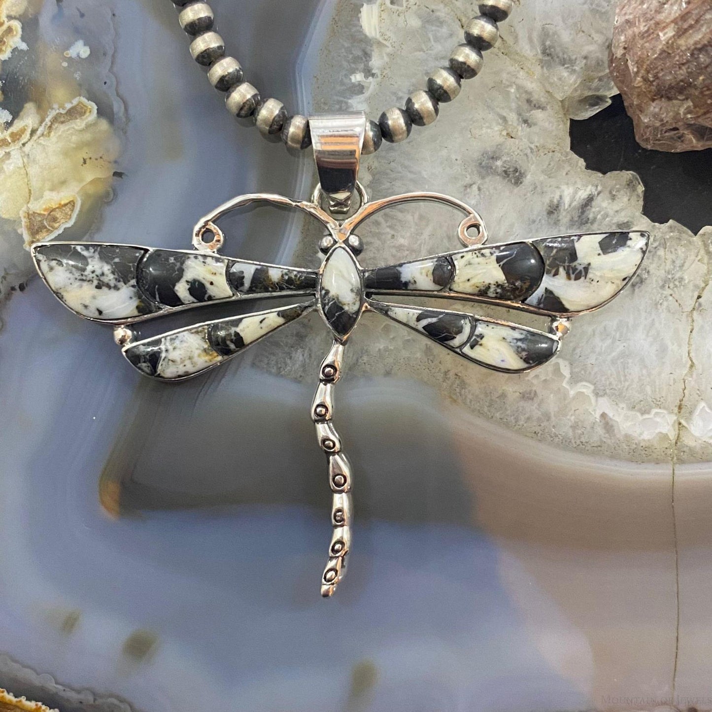 Native American Sterling Silver White Buffalo Inlay Dragonfly Pendant For Women