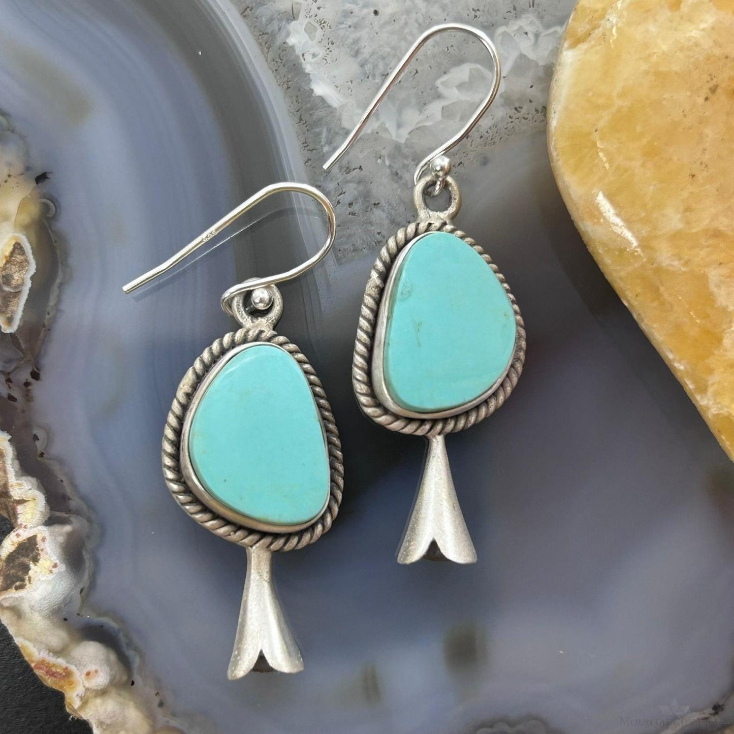 Sterling Silver Southwestern Style Turquoise Squash Blossom Dangle Earrings For Women #3