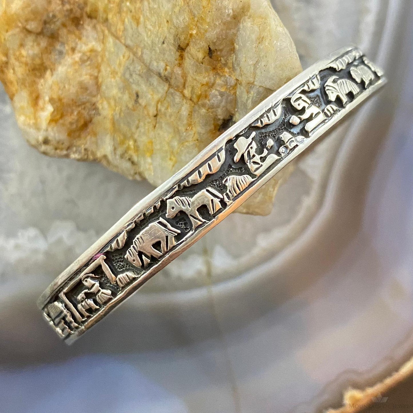 Vintage Signed Native American Sterling Silver Storyteller Bracelet For Women