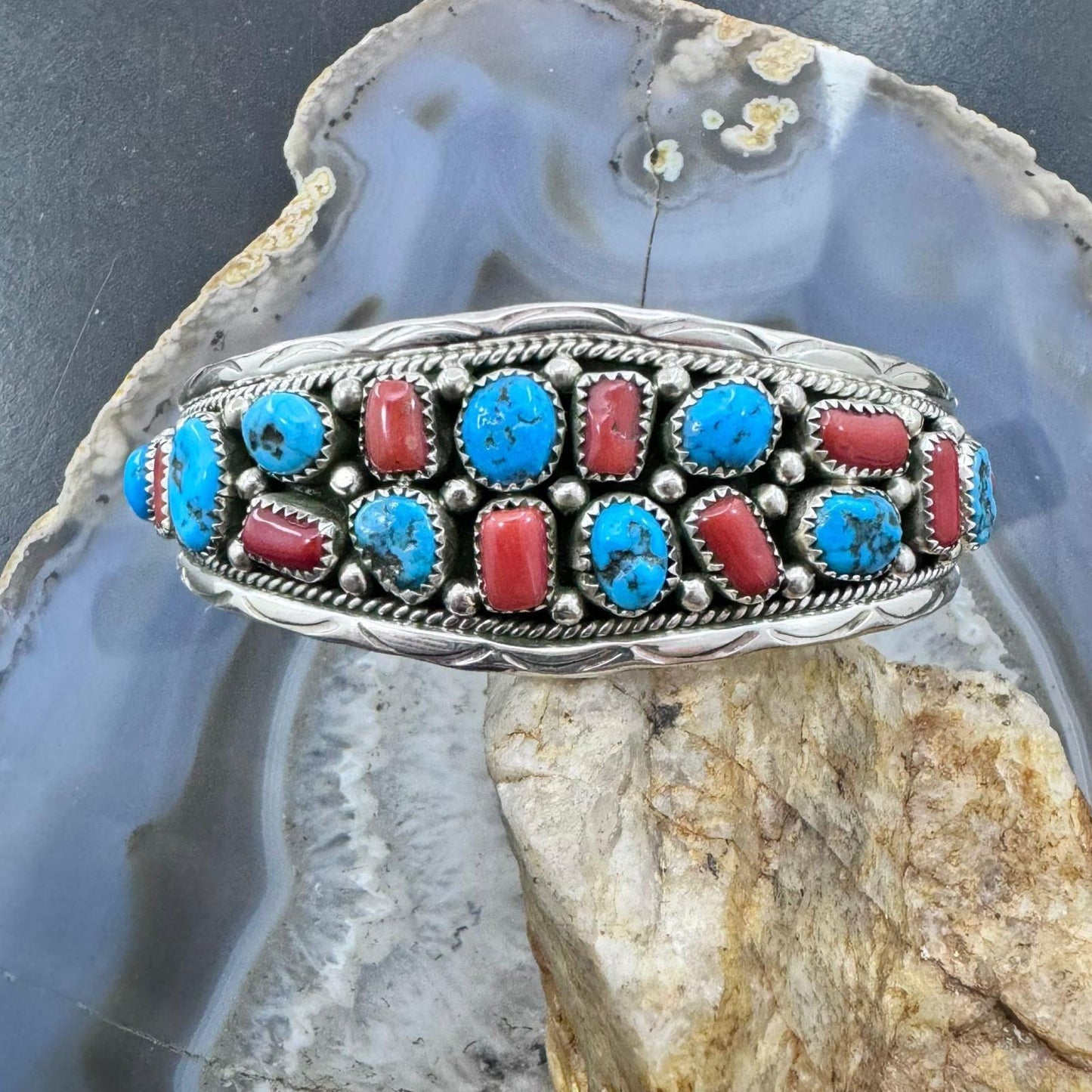 Anita Whitegoat Sterling Silver Rough Turquoise & Coral Bracelet For Women