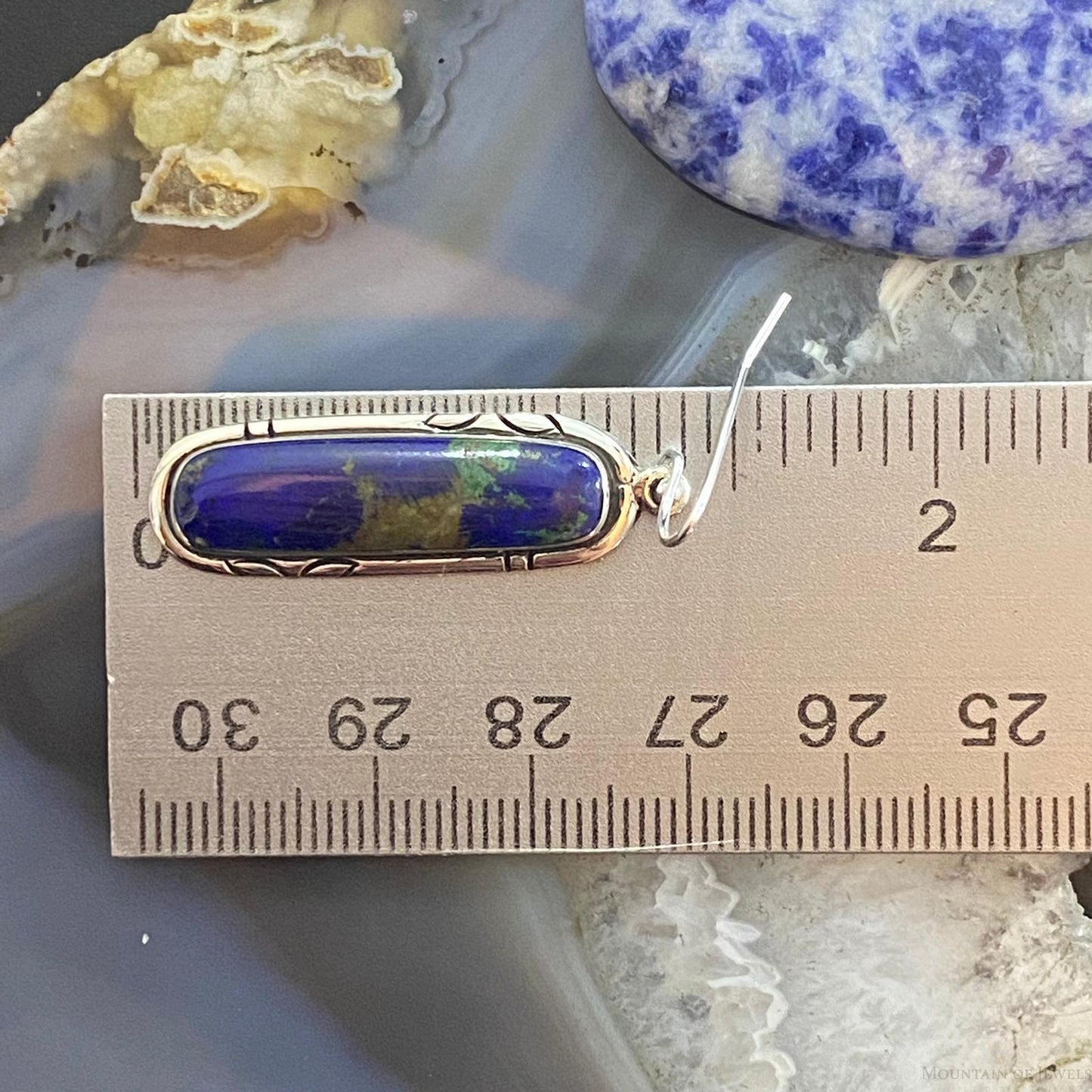 Native American Sterling Silver Oval Azurite Malachite Dangle Earrings For Women