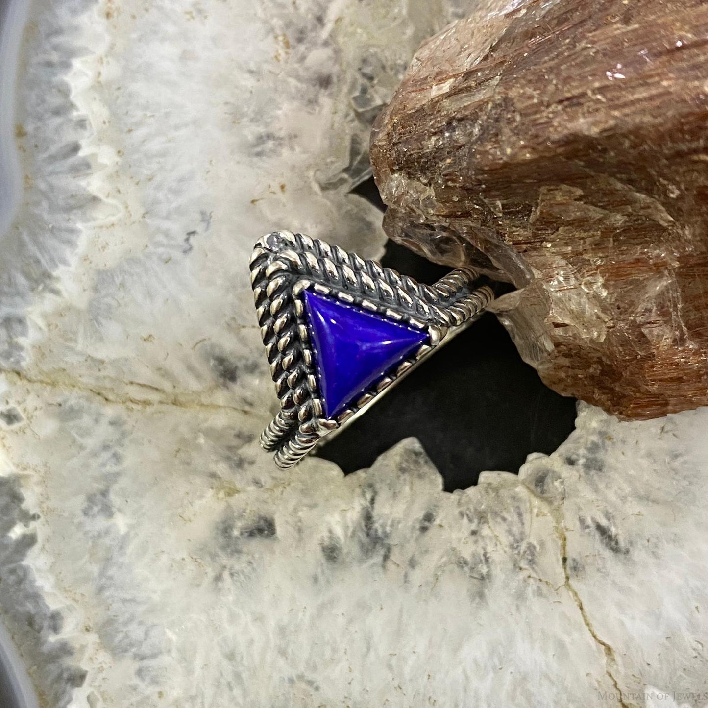 Carolyn Pollack Southwestern Style Sterling Silver Triangle Lapis Lazuli Decorated Ring For Women