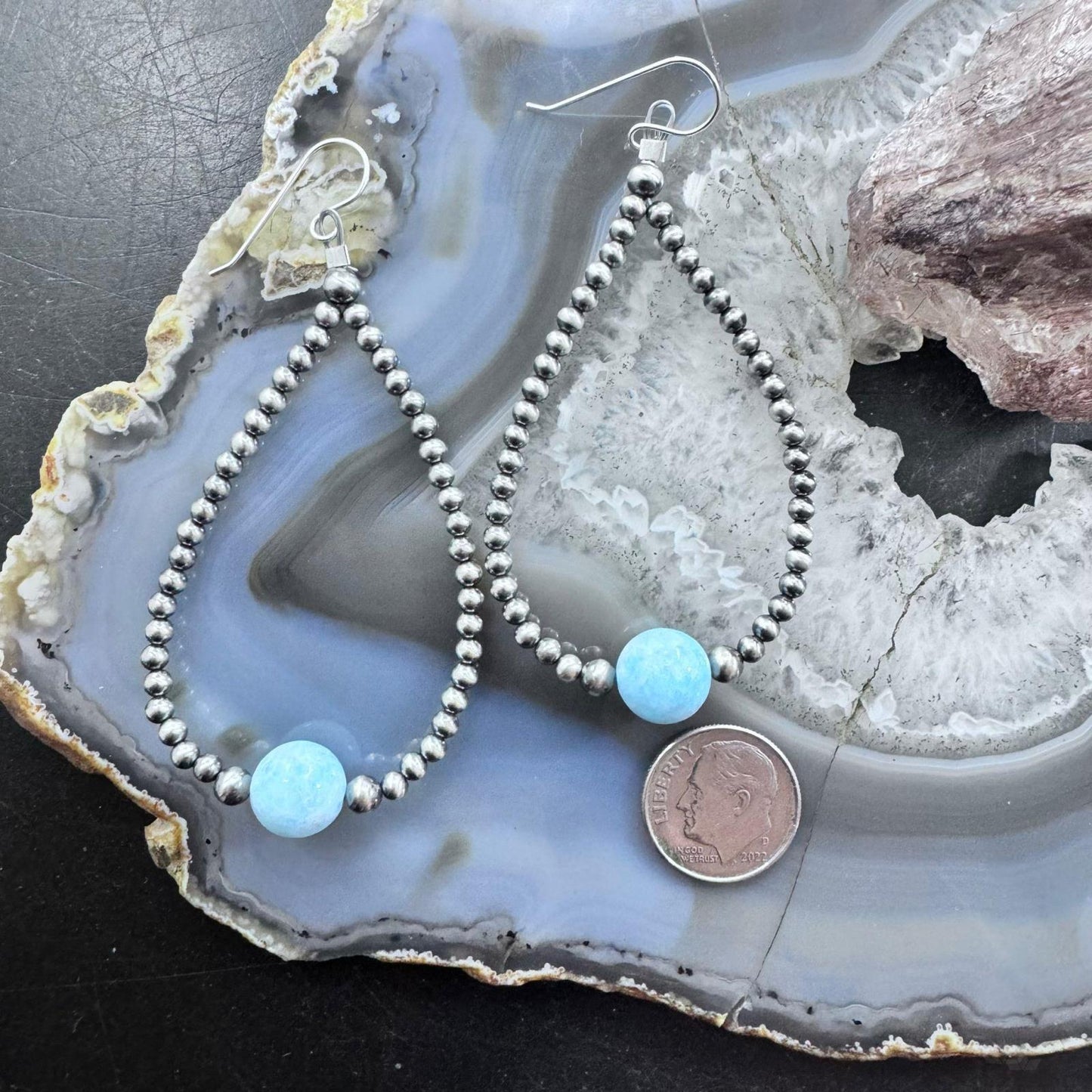 Native American Sterling Silver Navajo Beads with Larimar Bead Hoop Earrings For Women