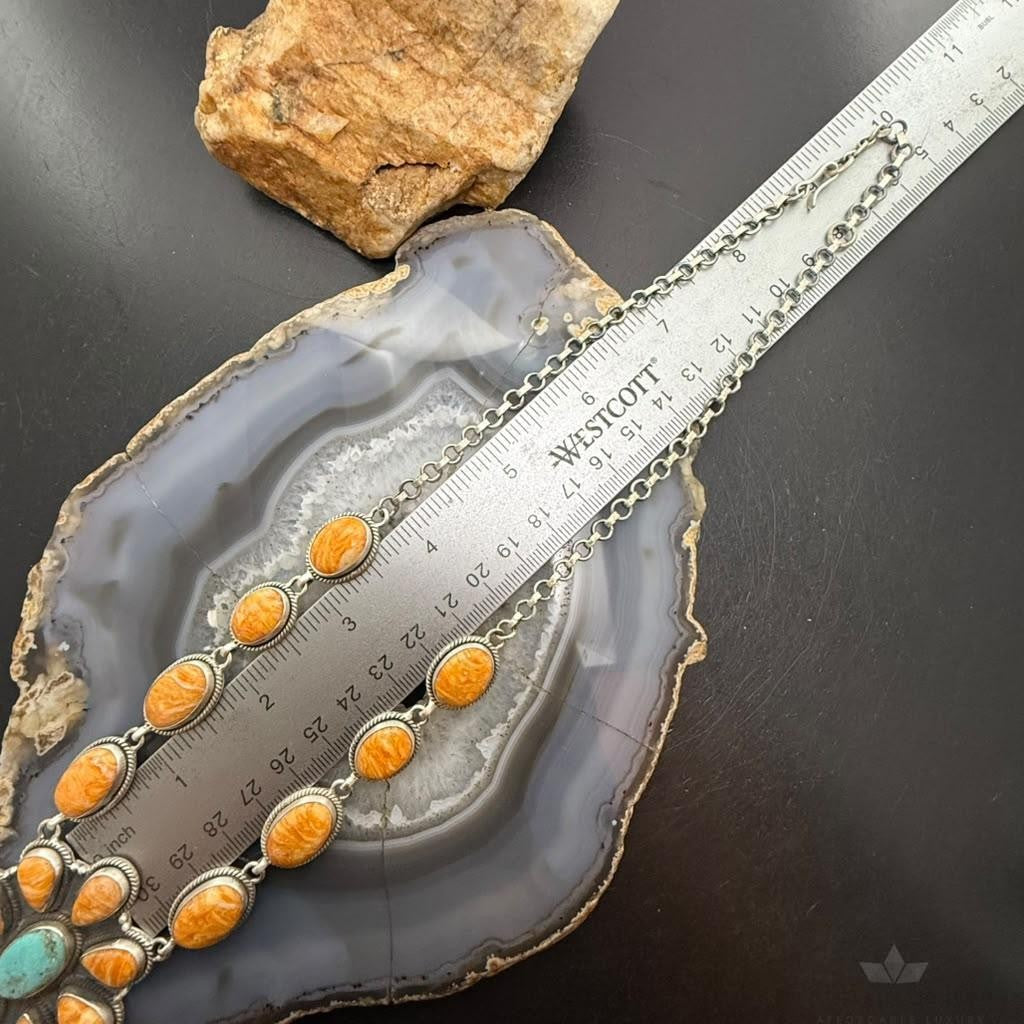 Sterling Silver Southwestern Style Spiny Oyster & Turquoise Cluster Lariat 22" Necklace For Women