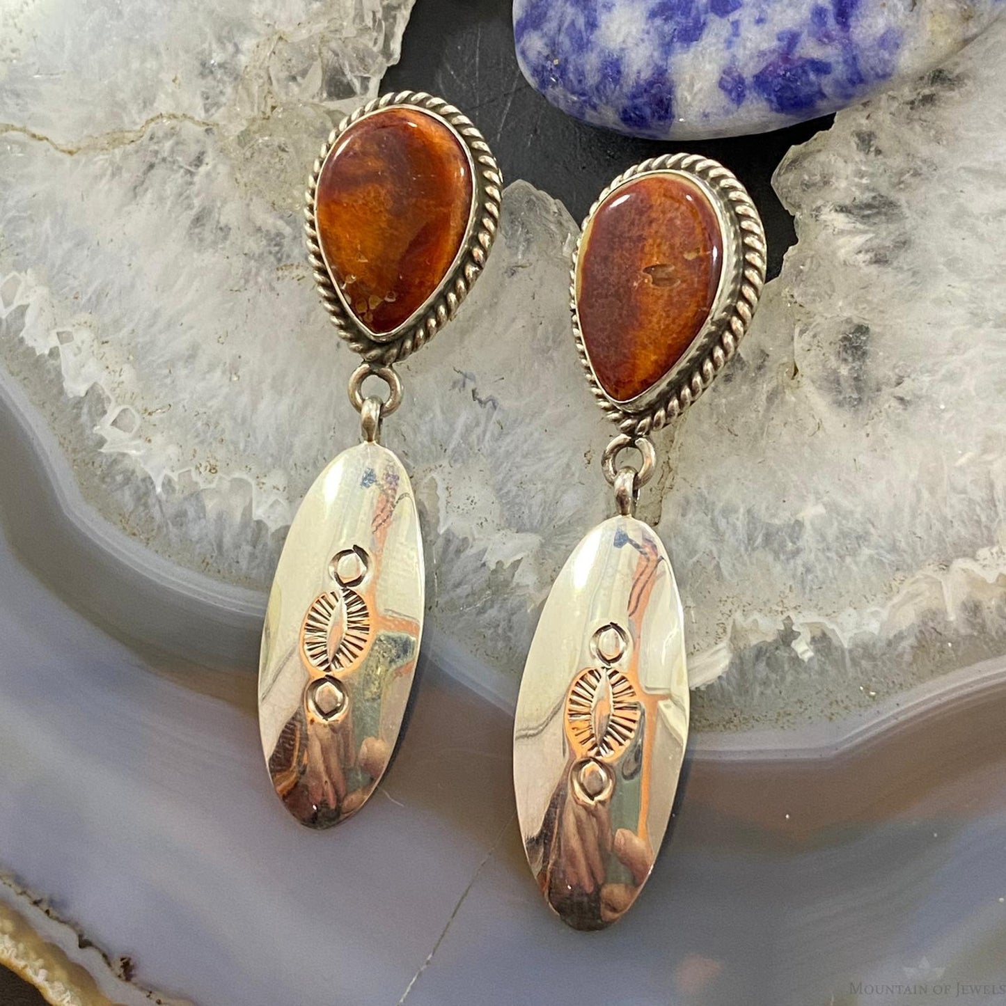 Native American Sterling Silver Teardrop Spiny Oyster Dangle Earrings For Women