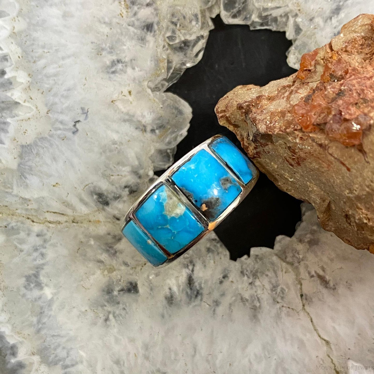 Native American Sterling Blue Ridge Turquoise Graduated Band Ring Size 7