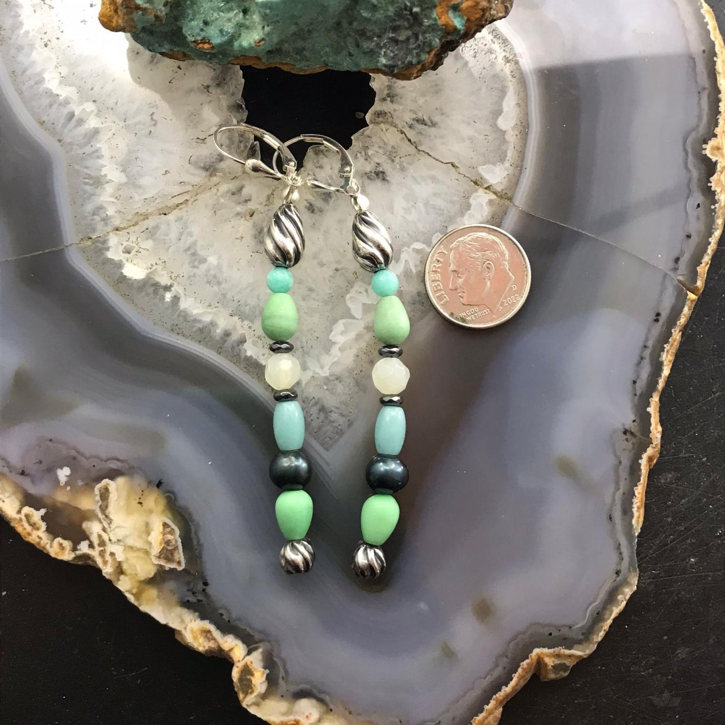 Carolyn Pollack Sterling Silver Amazonite, Variscite, Quartz & Pearl Dangle Earrings For Women
