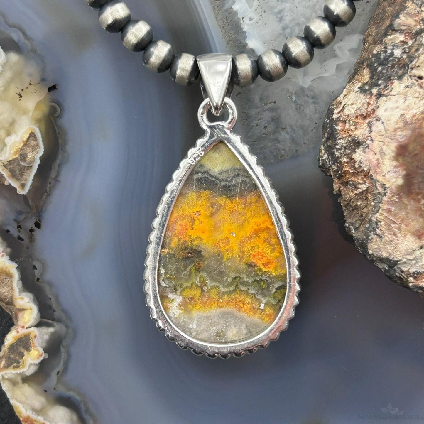Sterling Silver Southwestern Style Teardrop Yellow Jasper Pendant For Women