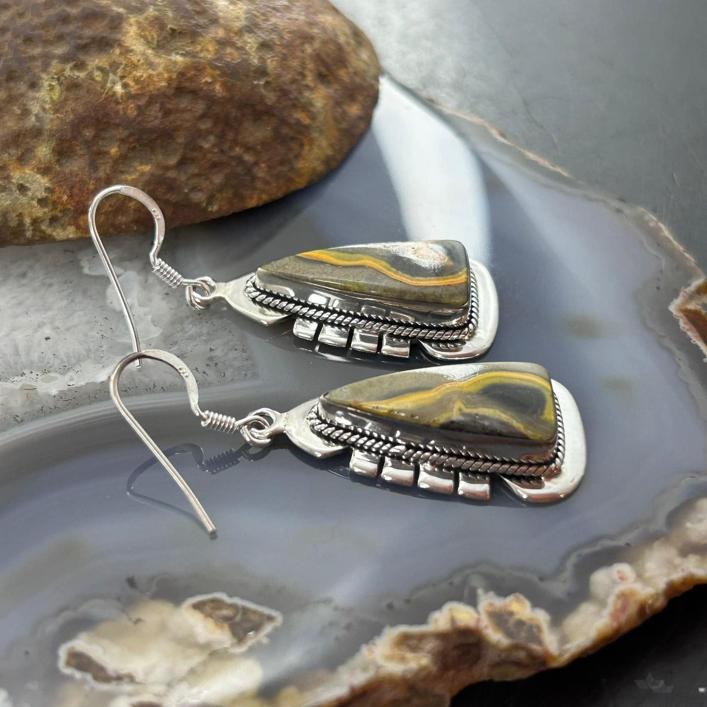 Sterling Silver Southwestern Style Triangle Yellow Jasper Dangle Earrings For Women