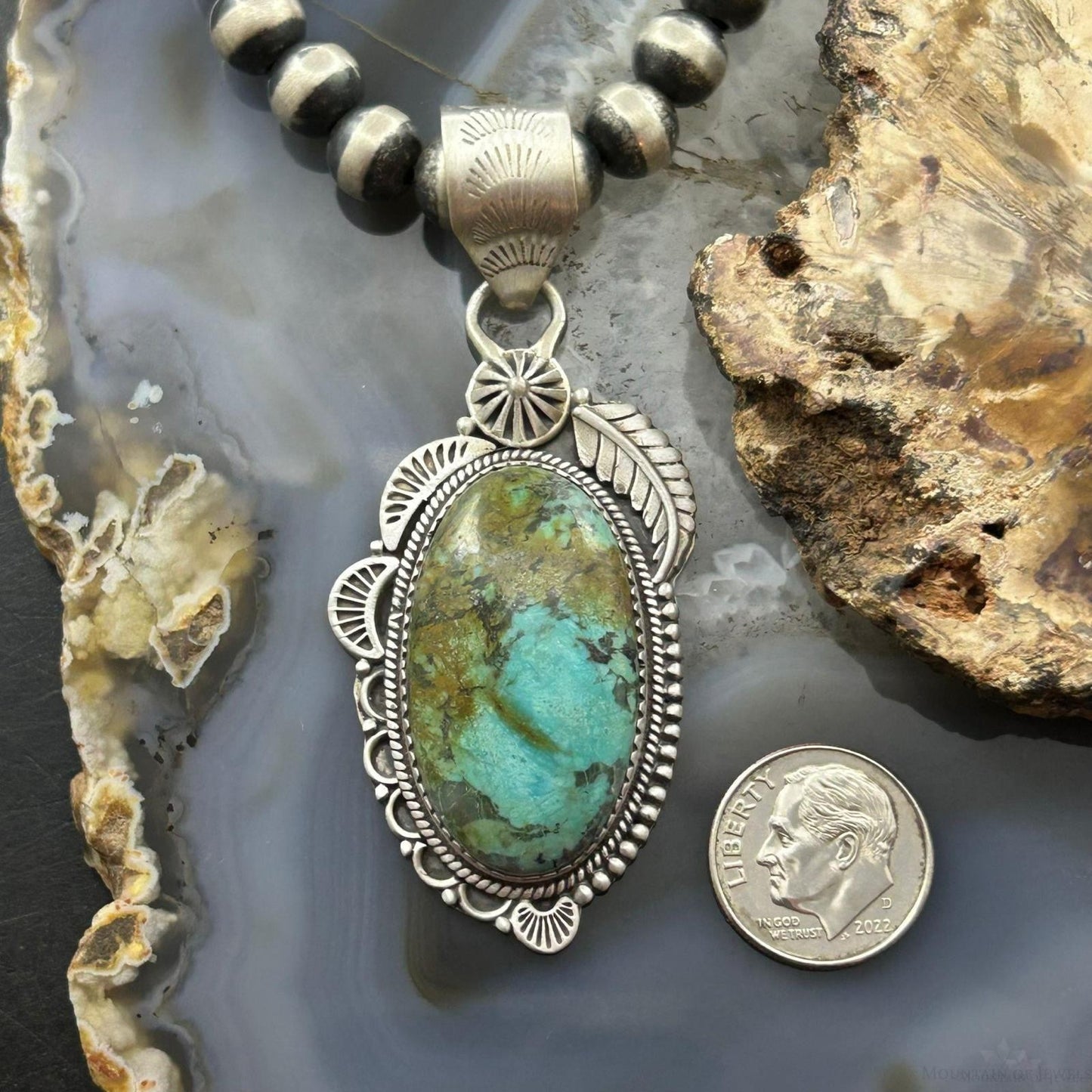 Sterling Silver Southwestern Style Oval Turquoise Decorated Pendant For Woman