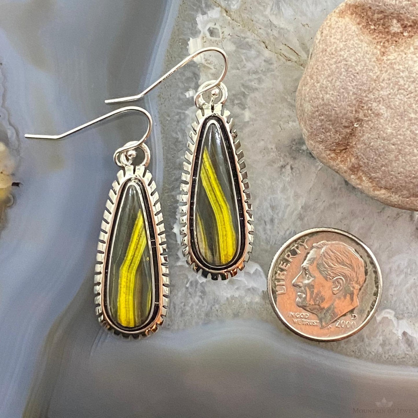 Native American Sterling Silver Teardrop Unique Bumblebee Jasper Dangle Earrings