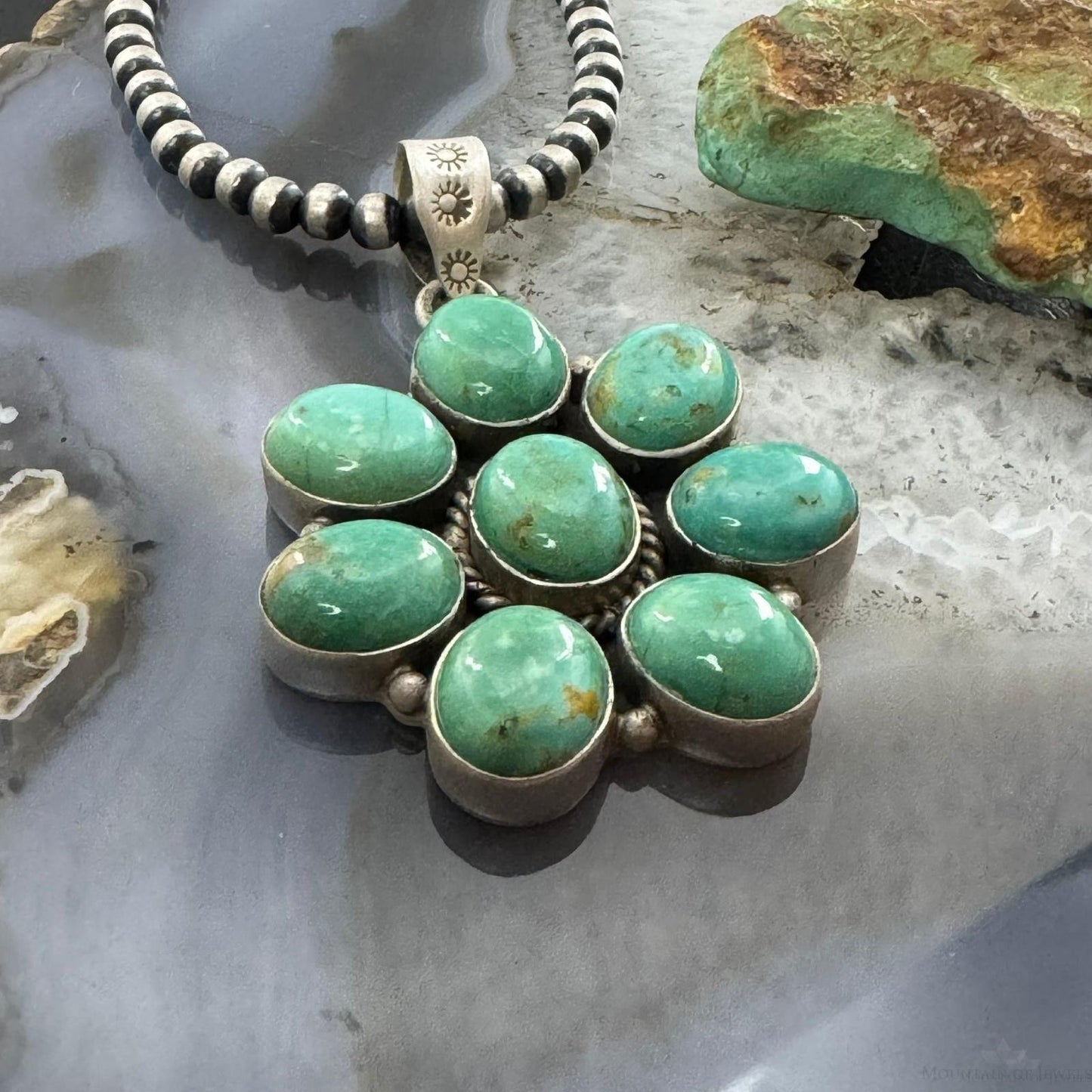 Sterling Silver Southwestern Style Turquoise Cluster Flower Pendant For Women