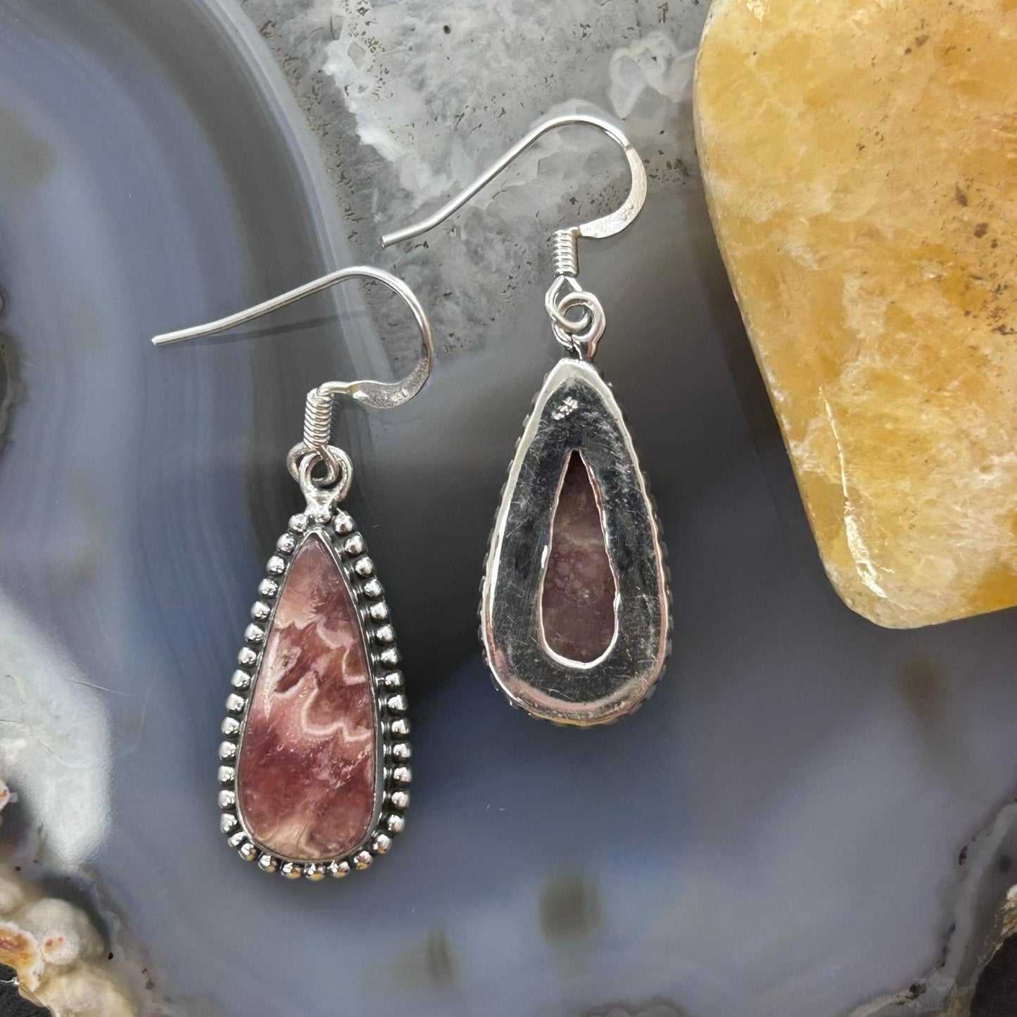 Sterling Silver Southwestern Style Teardrop Rhodochrosite Dangle Earrings For Women