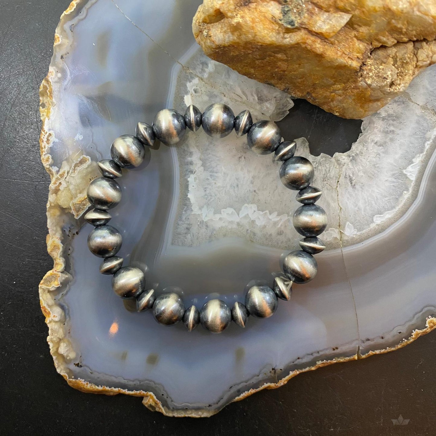 Navajo Pearl Beads and Saucers Alternate Beads Sterling 6"-7" Stretch Bangle