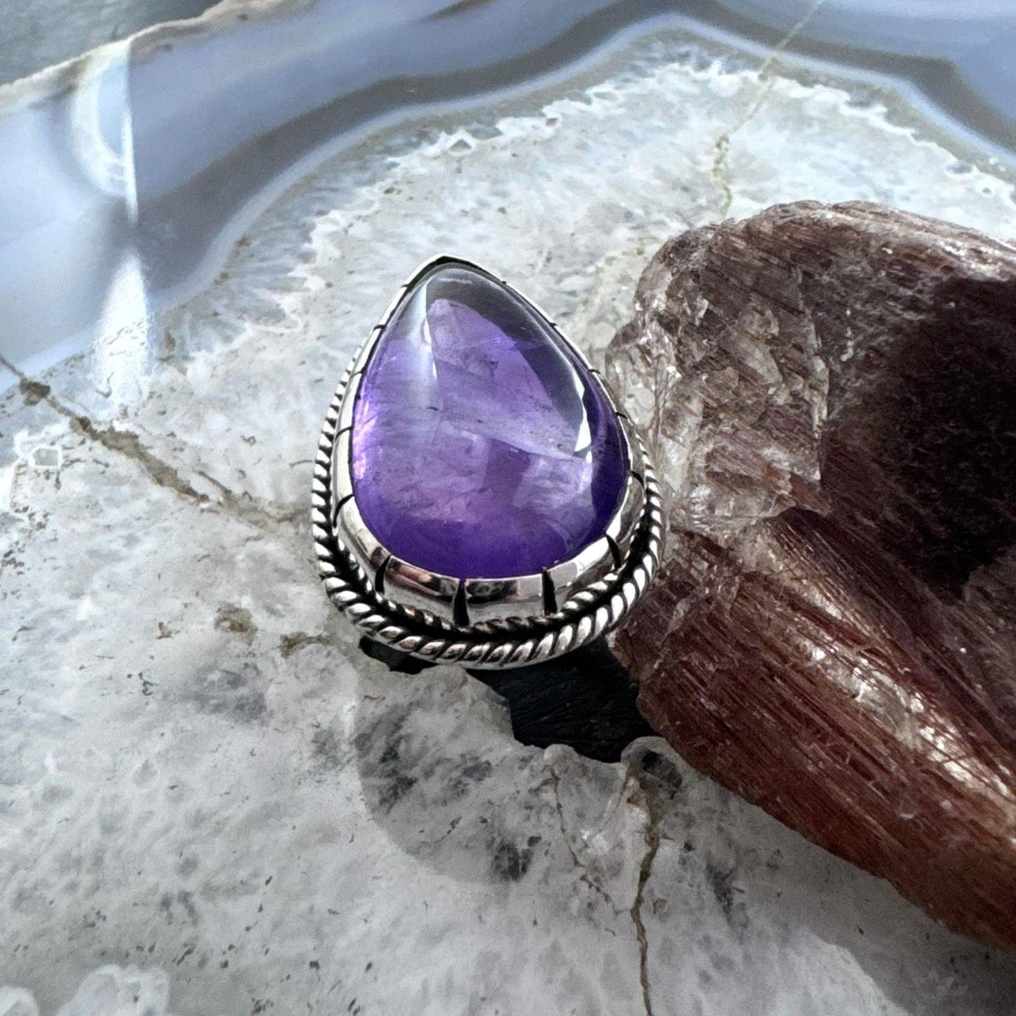 Sterling Silver Southwestern Style Teardrop Amethyst Decorated Ring Size 7 For Women