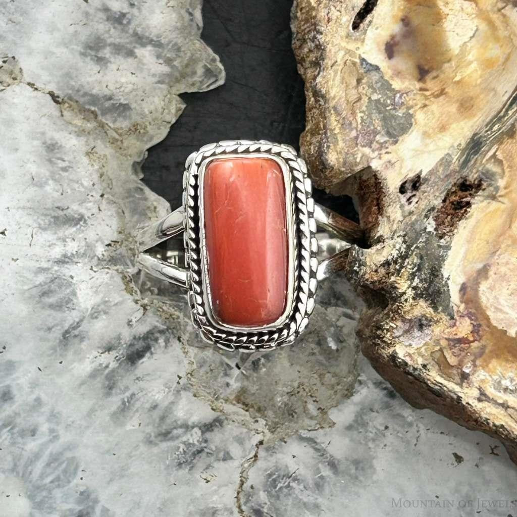 Sterling Silver Southwestern Style Coral Decorated Ring Size 7.5 For Women