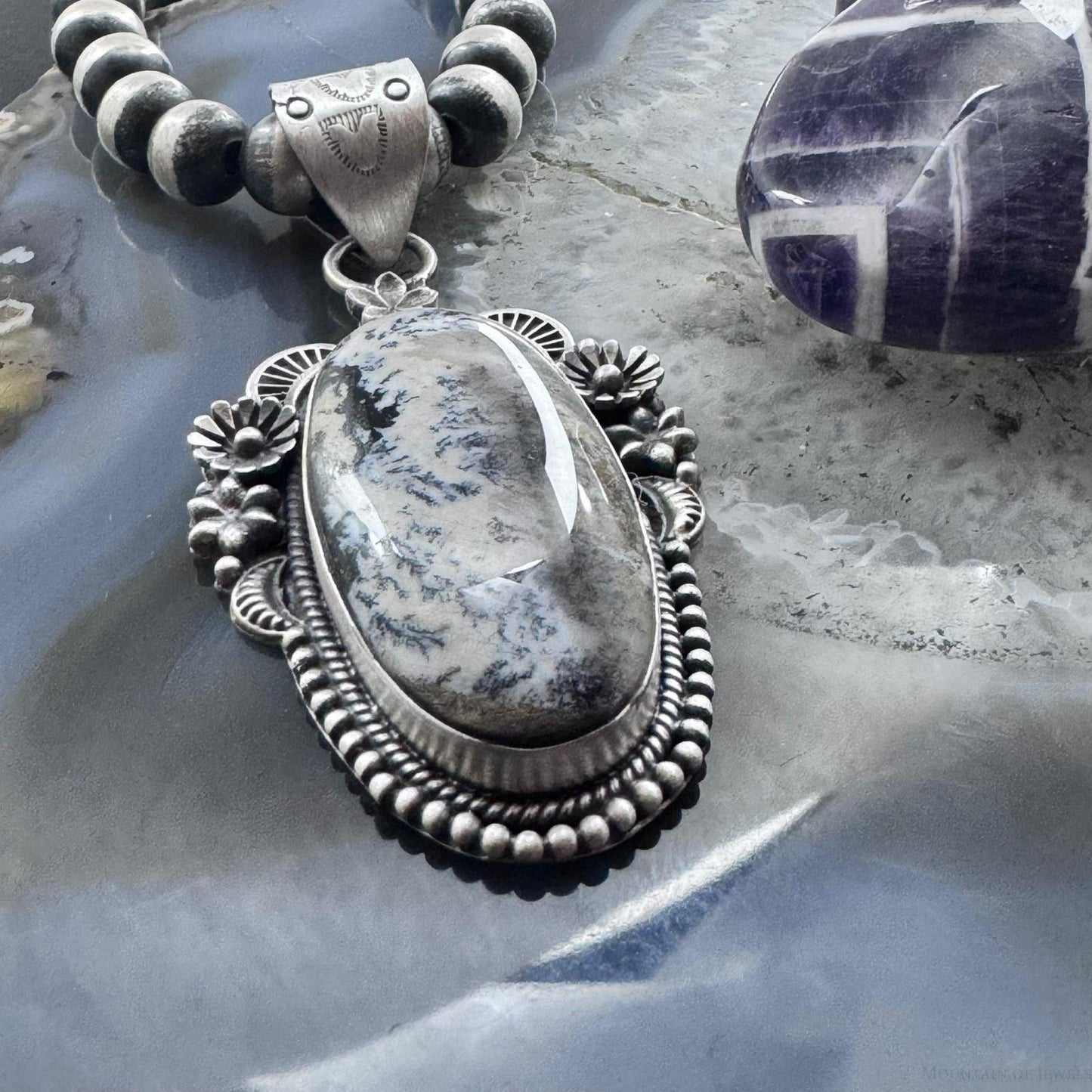 Sterling Silver Southwestern Style Elongated Oval Dendritic Agate Decorated Pendant For Women
