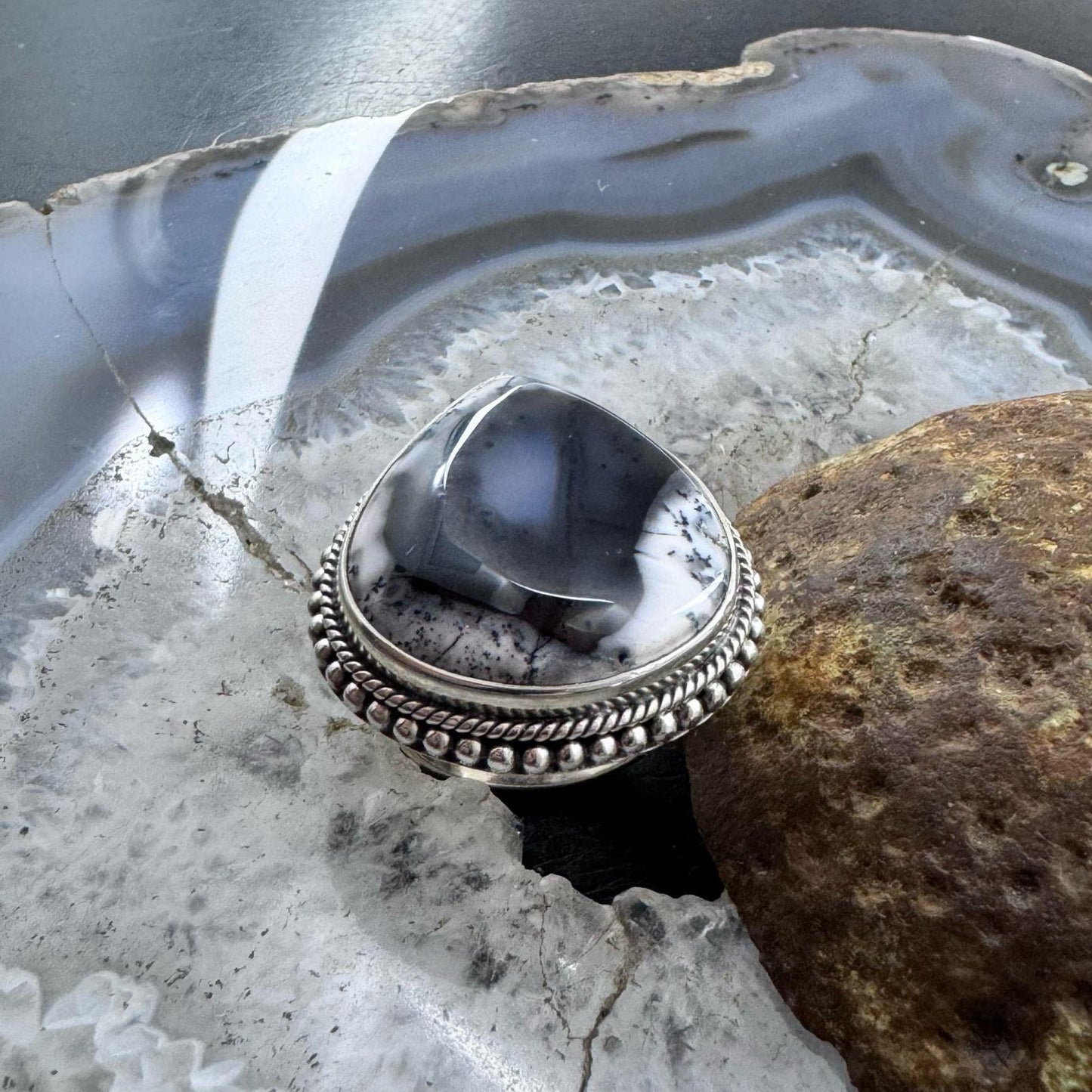 Sterling Silver Southwestern Style Teardrop Dendrite Agate Ring Size 7.5 For Women