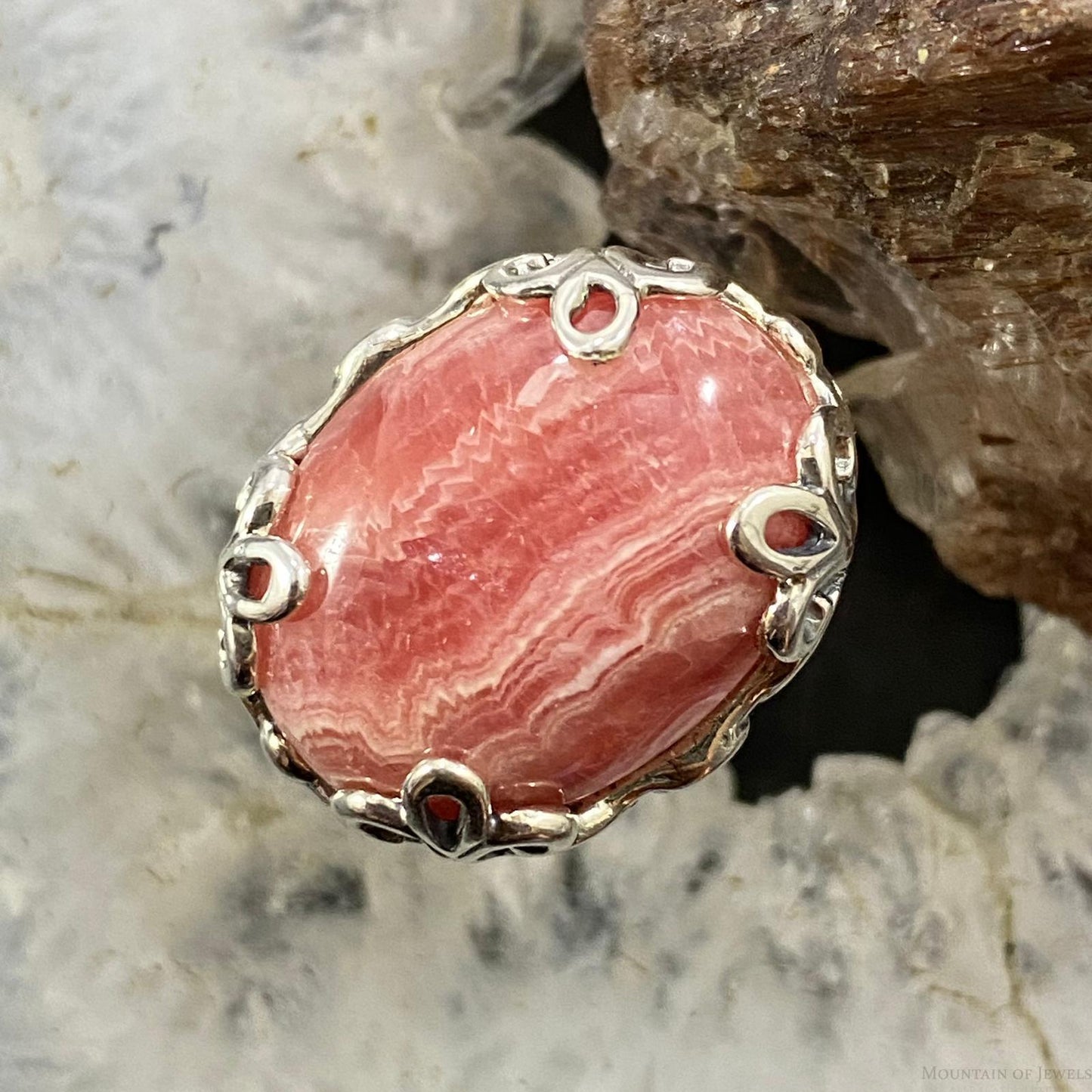 Carolyn Pollack Southwestern Style Sterling Silver Oval Rhodonite Decorated Ring For Women