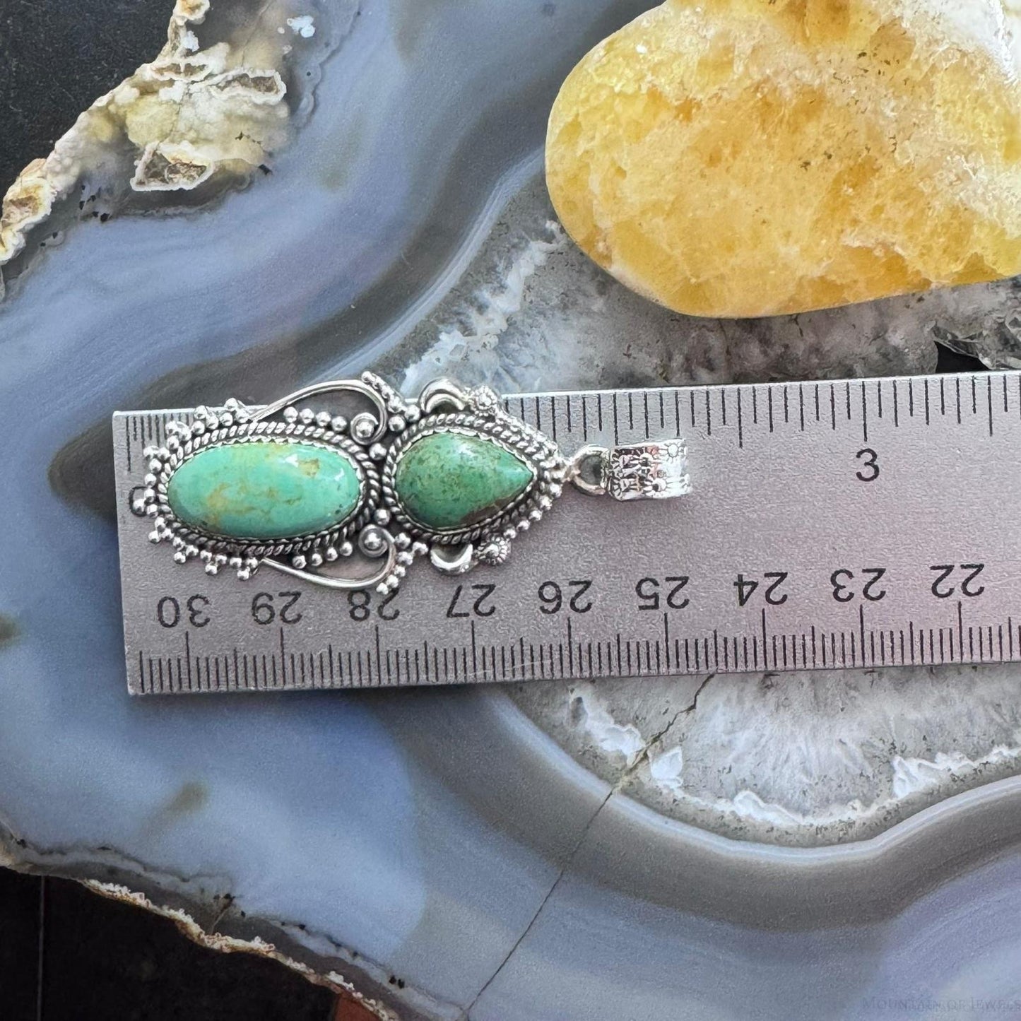 Sterling Silver Southwestern Style 2 Green Turquoise Decorated Pendant For Women