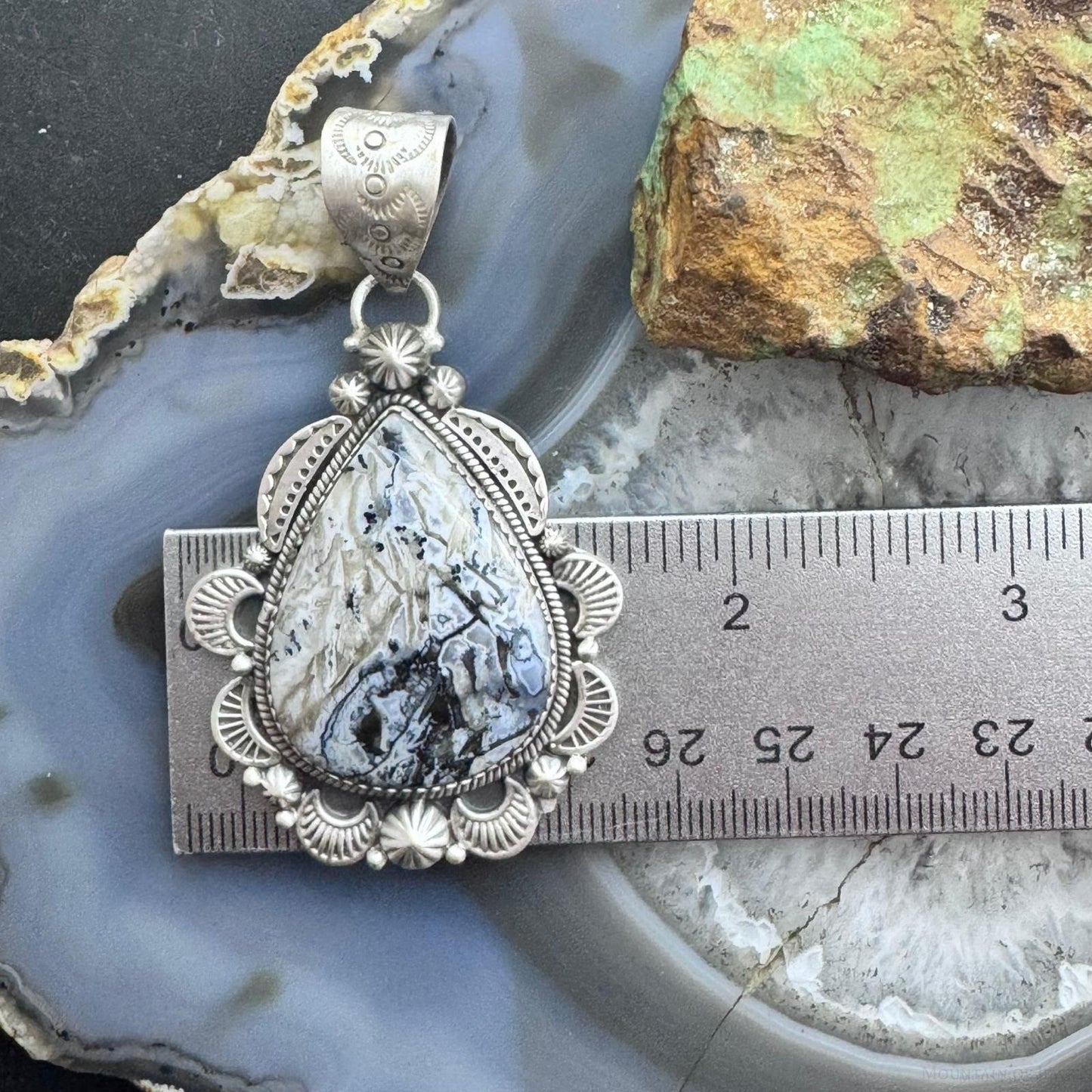 Sterling Silver Southwestern Style Wide Teardrop Dendritic Agate Decorated Pendant For Women