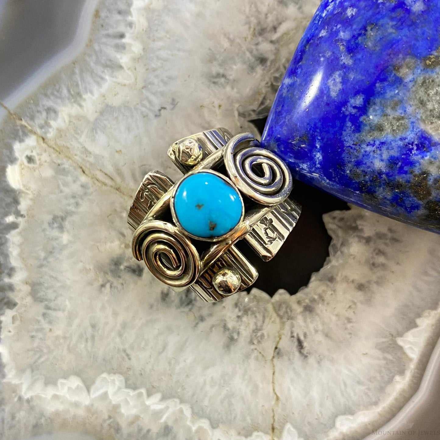 Alex Sanchez Sterling Silver Turquoise Petroglyph Band Ring Sz 8.5 For Women
