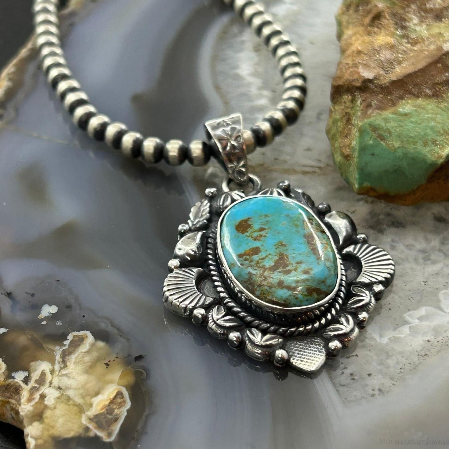 Sterling Silver Southwestern Style Oval Turquoise Decorated Pendant For Women #2