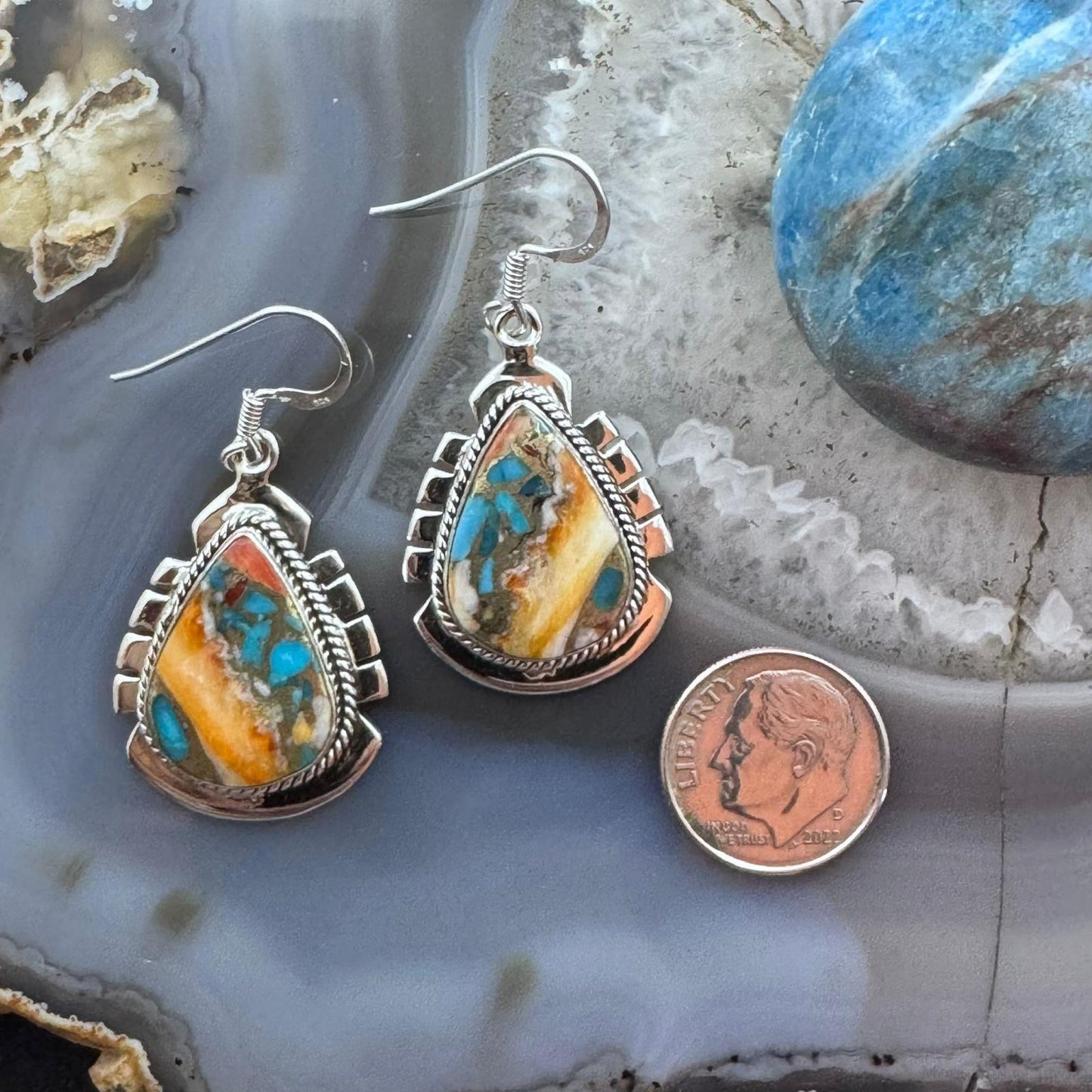 Sterling Silver Southwestern Style Teardrop Spiny & Turquoise Dangle Earrings For Women