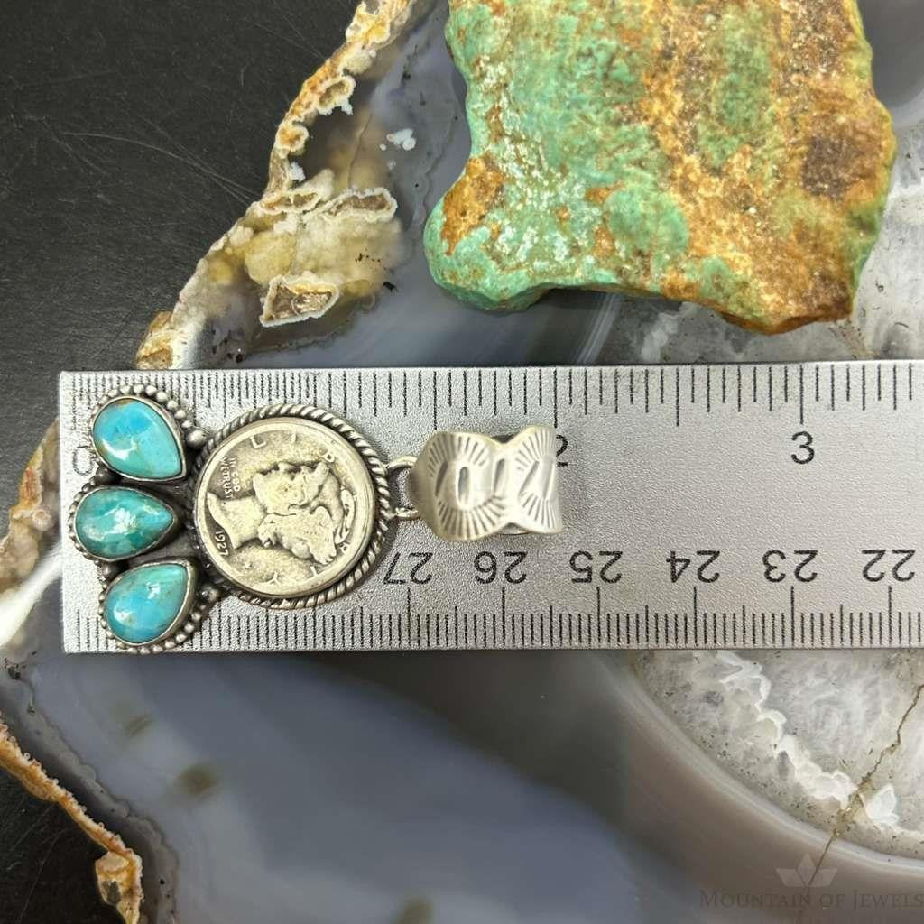 Genuine 1927 90% Silver Mercury Dime Coin w/Teardrop Turquoise Decorated Unisex Pendant