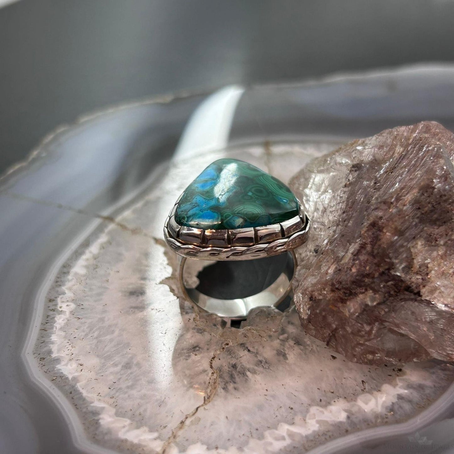 Sterling Silver Southwestern Style Triangular Malachite Chrysocolla Ring Size 9 For Women
