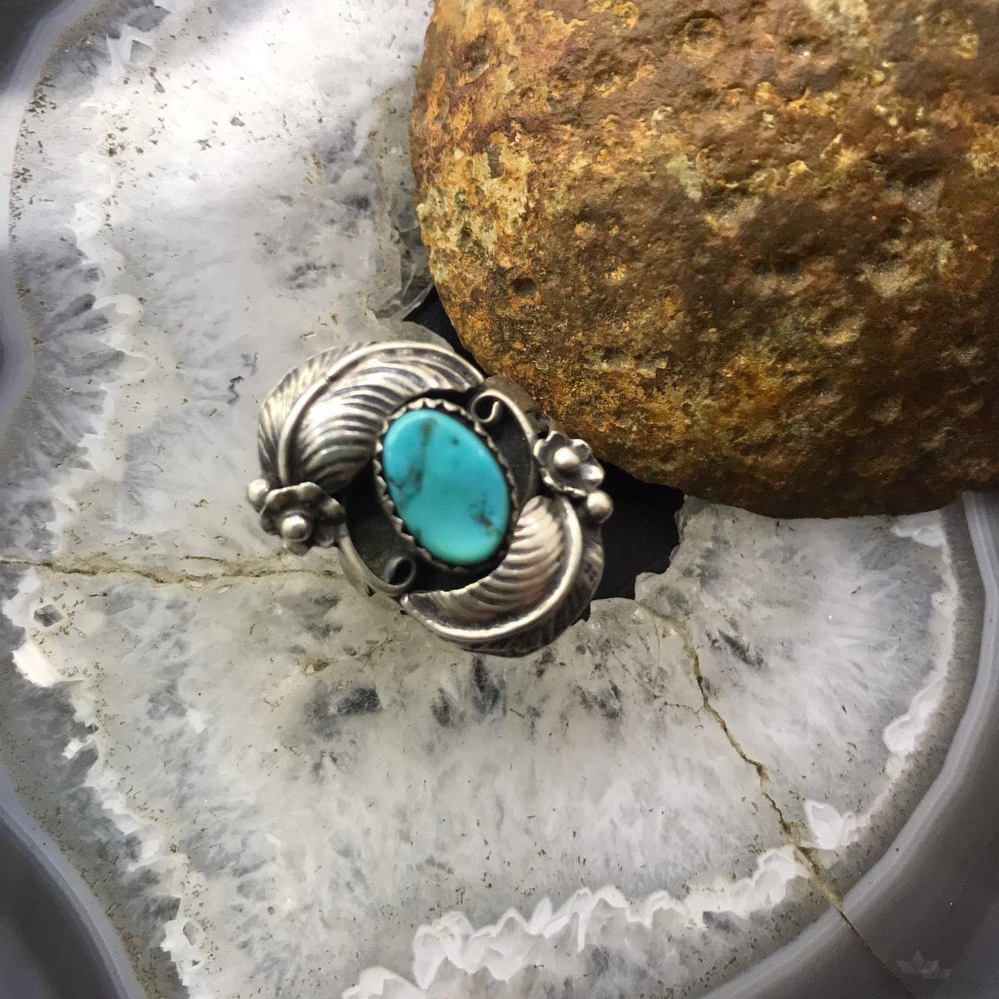 Vintage Signed Native American Silver Turquoise Floral Ring Size 7.5 For Women