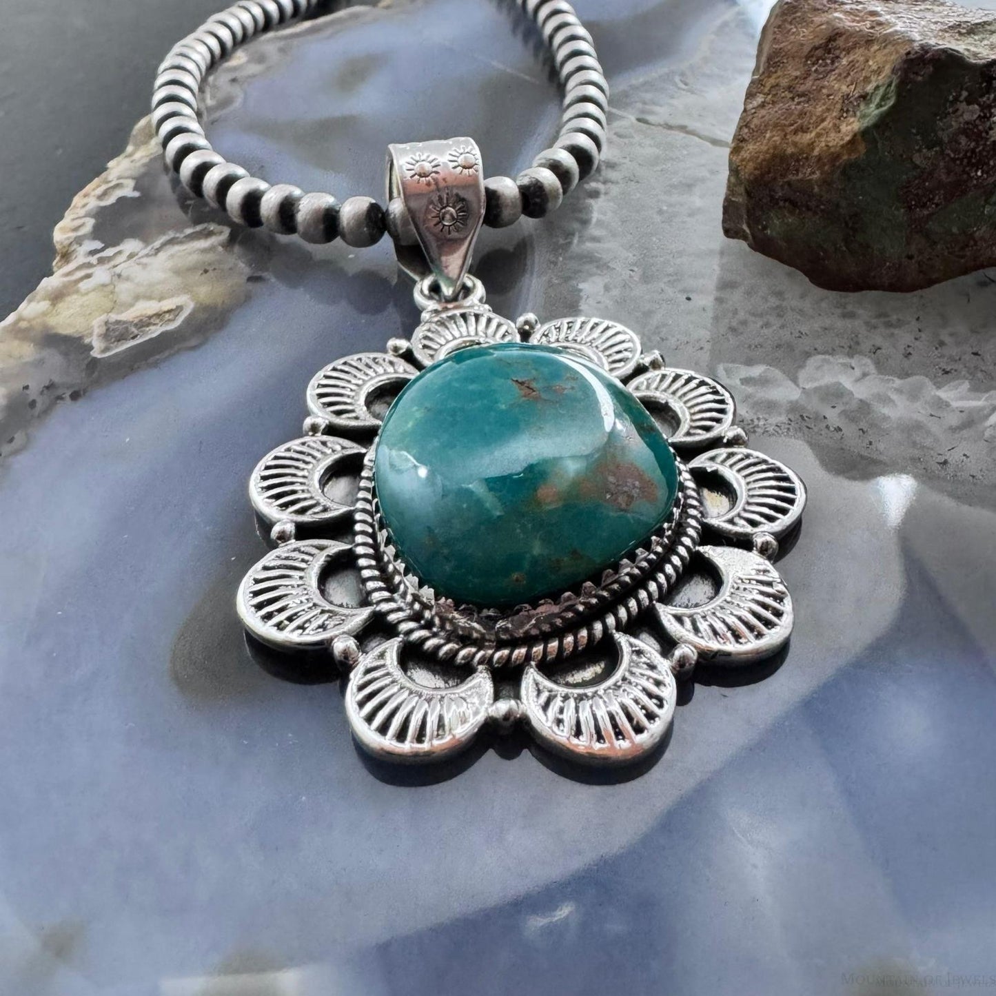 Sterling Silver Southwestern Style Large Turquoise Decorated Pendant For Women