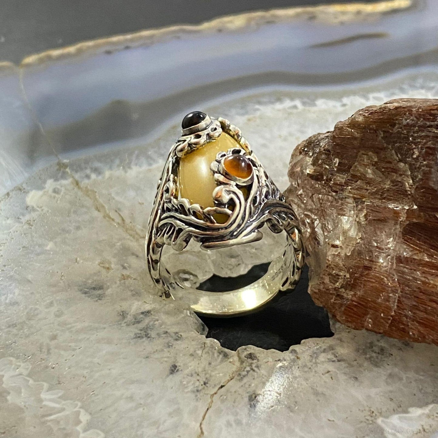 Carolyn Pollack Southwestern Style Sterling Silver Yellow Jasper, Smoky Quartz & Citrine Ring For Women